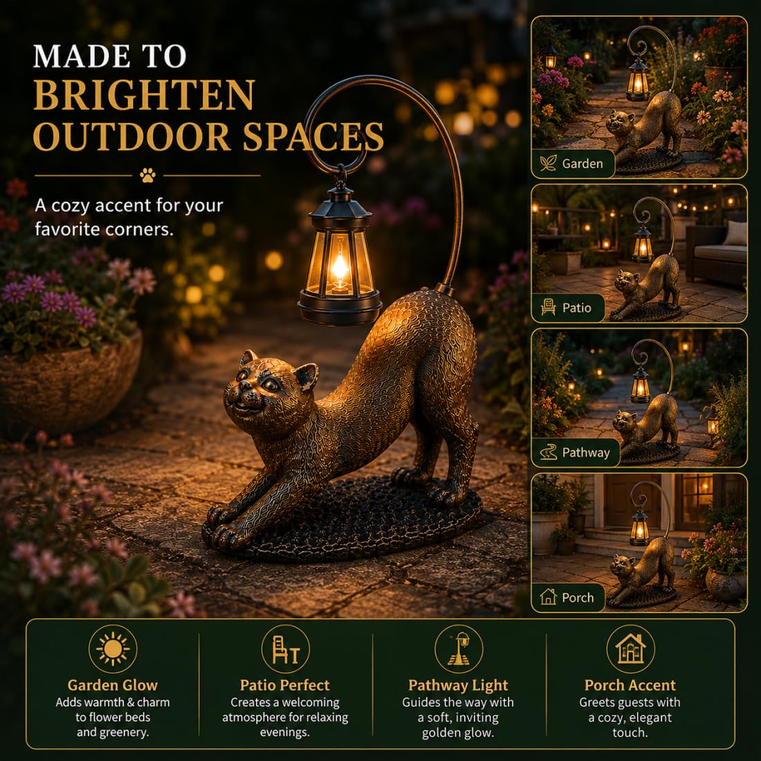 Whisker Wonder Katzenstatue, Solar Katzen Gartenfigur LED wasserdichte Skulpturen Leuchten, Süße Katzenlampe für Outdoor Katzendeko, Harz Katzenstatue Außendeko für Garten (B)