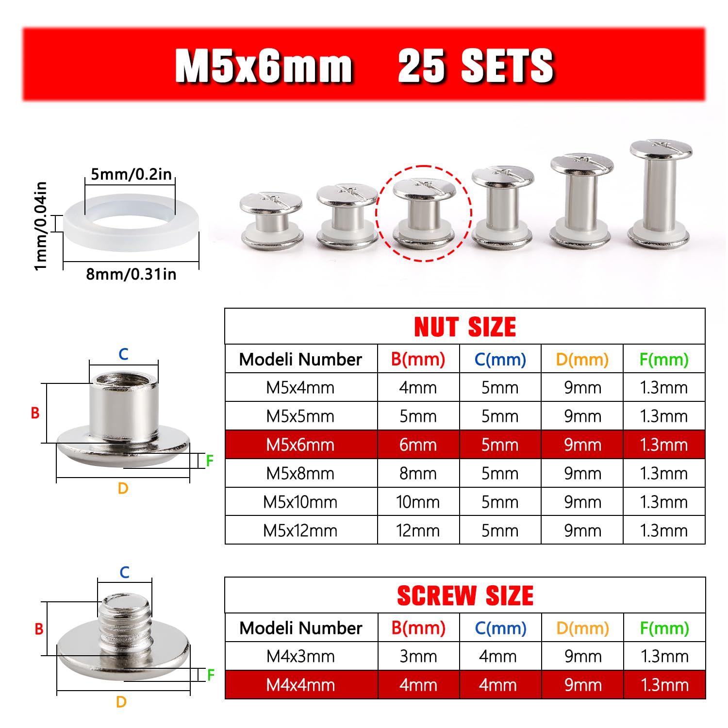 YIXISI 25 Set M5x6mm Chicago Binding Screws Kit, Book Binding Rivets, Leather Rivets, Binding Screws Posts - Image 2