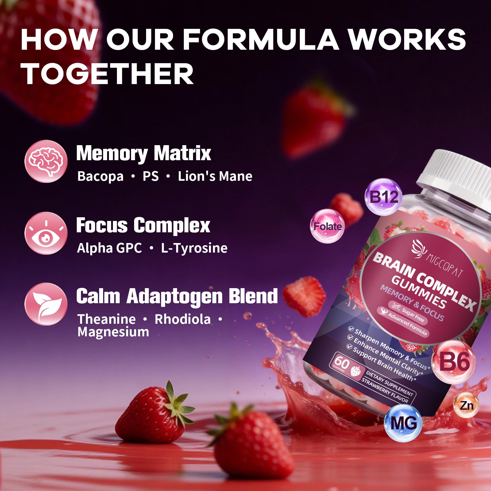 Migcopat Brain Supplements for Memory & Focus – Nootropic Gummies w/Bacopa, Lion’s Mane, Ginkgo & 10-in-1 Mushroom Complex, Mental Clarity & Cognitive Support, Caffeine-Free Strawberry Flavor 60 Cts — Amazon image 4