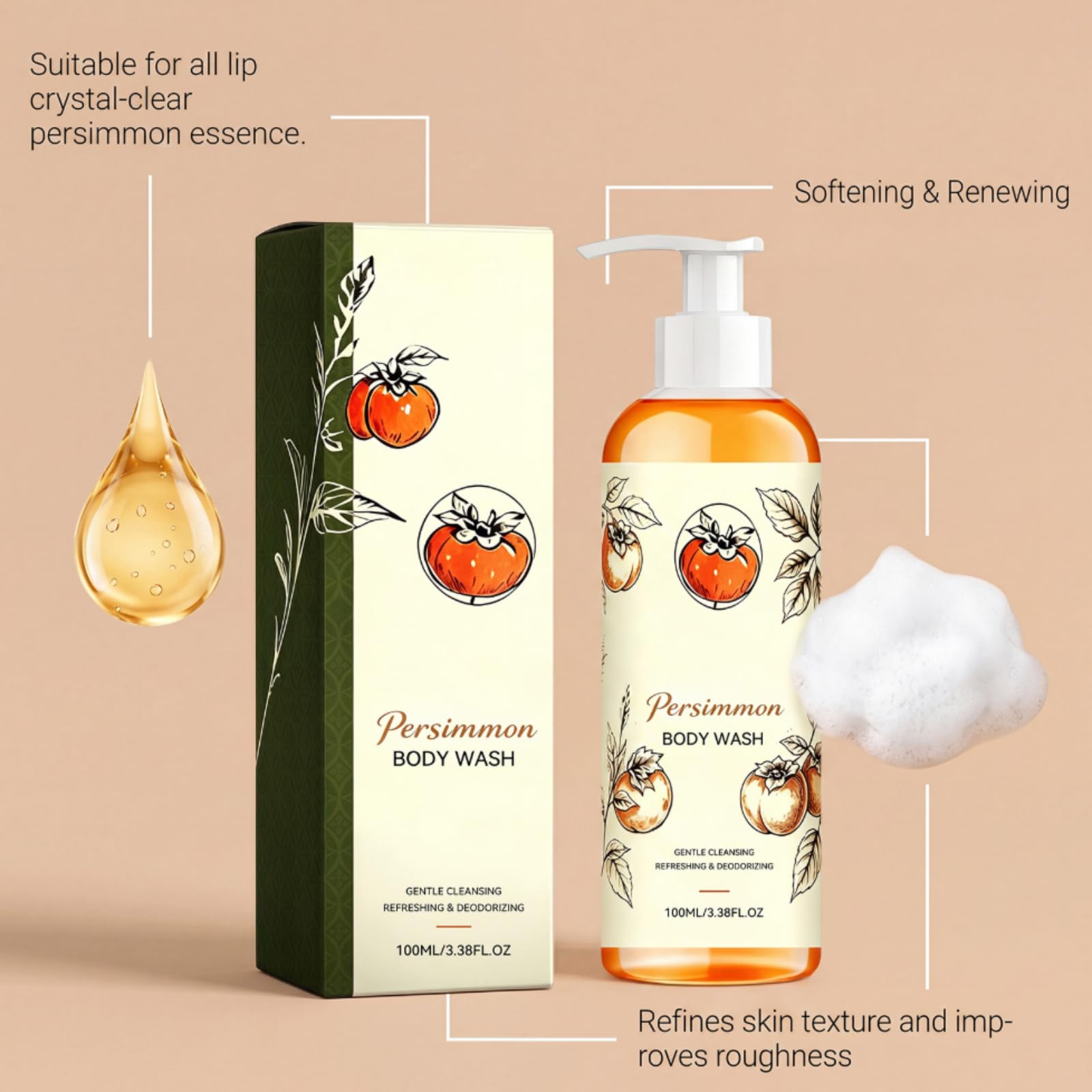 Gel Doccia Detergente Corpo Profumo Frutta Dolce Deodorante Fresco | Cura del corpo del gel doccia con estratto di cachi pulizia delicata effetto deodorante per uso quotidiano