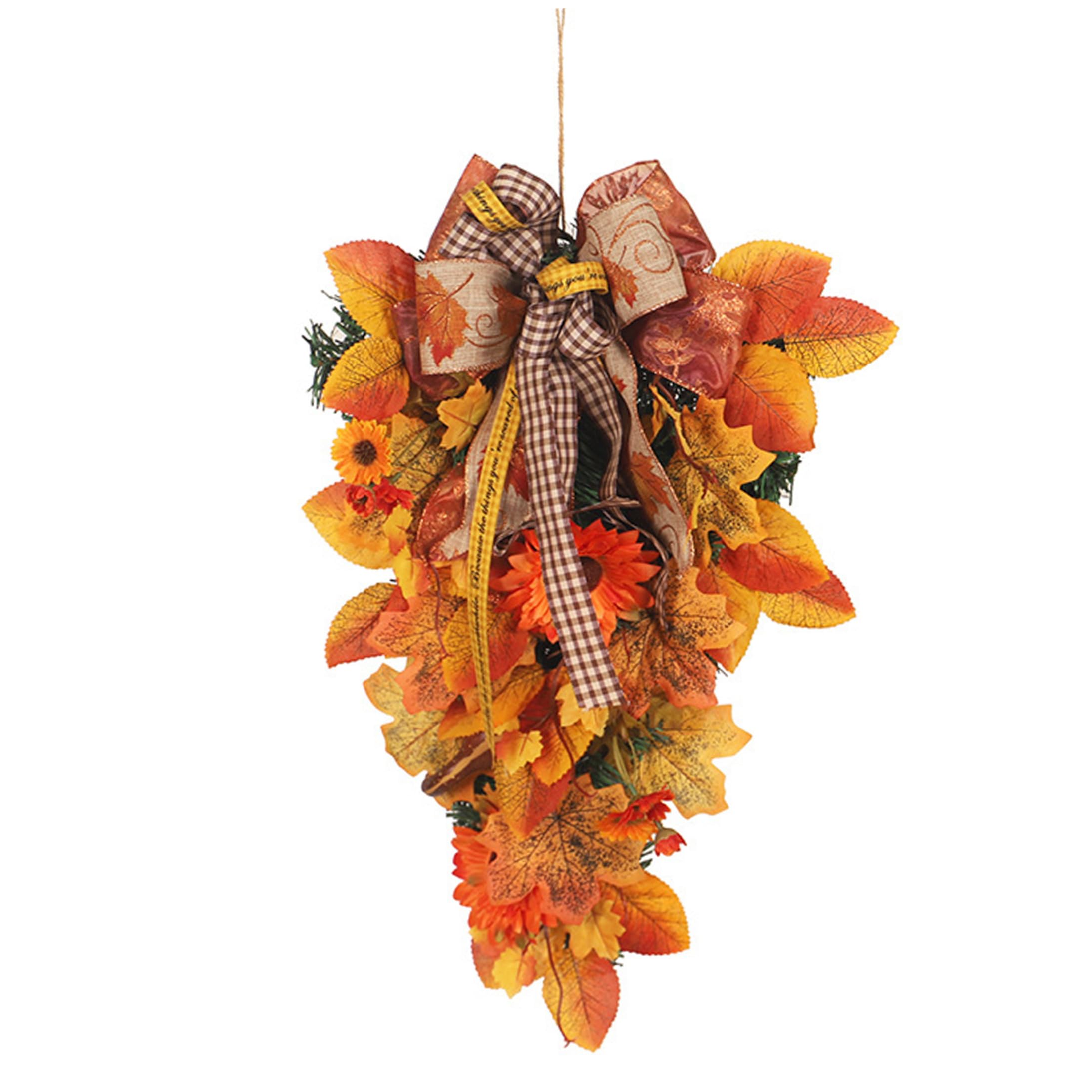 Teardrop Wreath Fall Swags For Decorating - Thanksgiving Artificial Sunflower & Maple Leaf Hanging Decor, Teardrop Autumn Wreaths Artificial Flower Wreath Front Door