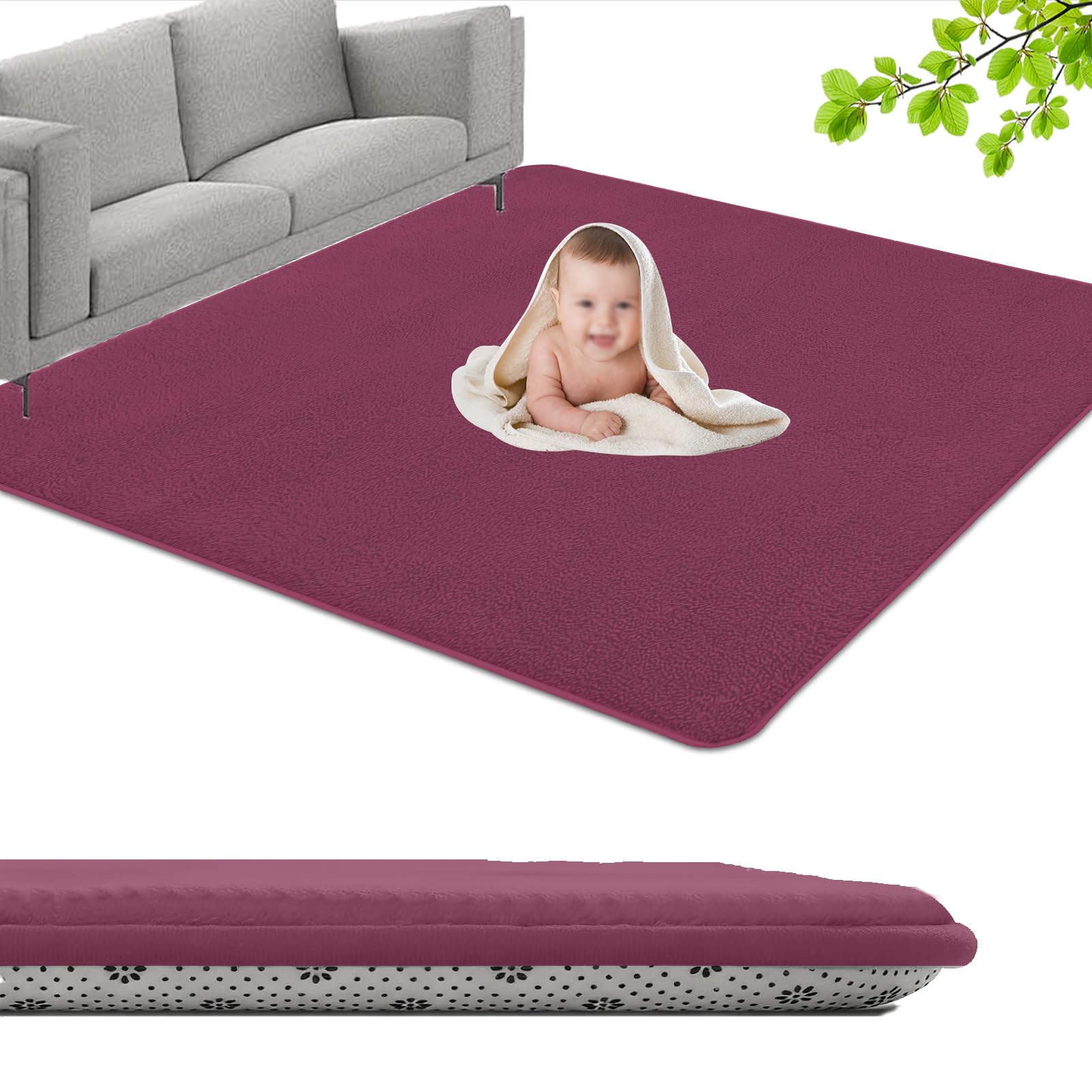 GmyoieqI Large Coral Velvet Baby Play Mat, 3CM Memory Foam Area Rug 140 x 140 cm Children's play mat Soft Play & Tummy Time, Playmat for Floor with Non-Slip Backing Crawling, Easy Care Rug Dark Red