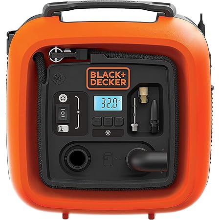 Black+Decker 11.0 Bar/12V-Kompressor/ Luftpumpe (160PSI, für Reifen, Bälle, Rollstühle, Etc., mit 2 Betriebsarten und Abpump-Modus, ASI400, 12 V)
