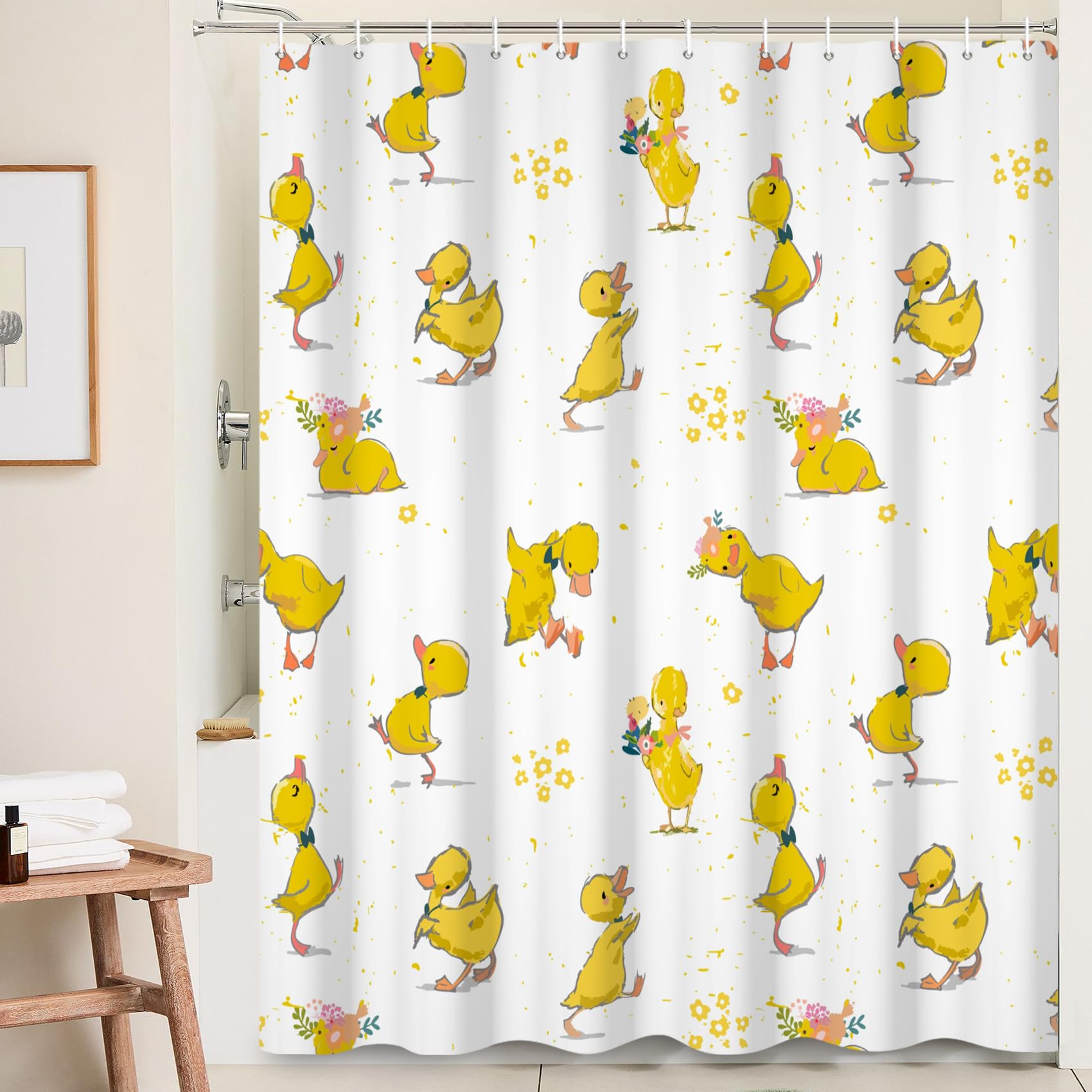 Yellow Duck Shower Curtain with Hook, Cartoon Cute Animal Duck Pet Bathroom Curtain Funny Animal Flower Yellow Shower Curtain Waterproof Bathtub Curtain 152x183cm