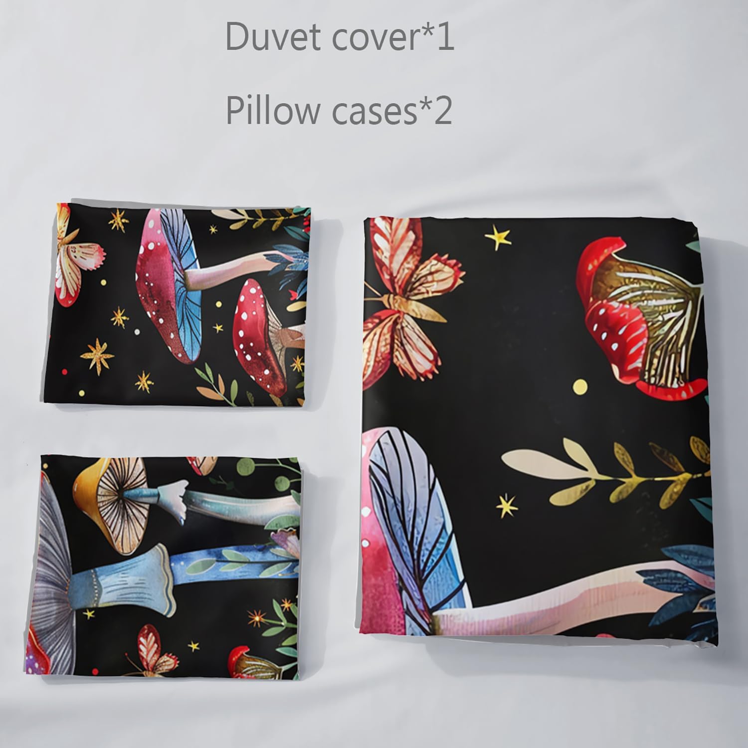 AILONEN Red Mushroom Duvet Cover Set Queen Size,Botanical Plant Fungus Butterfly Cartoon Mushroom Comforter Cover Set 3 Pieces for Kids Boys Girls Adults,1 Quilt Cover with 2 Pillowcases
