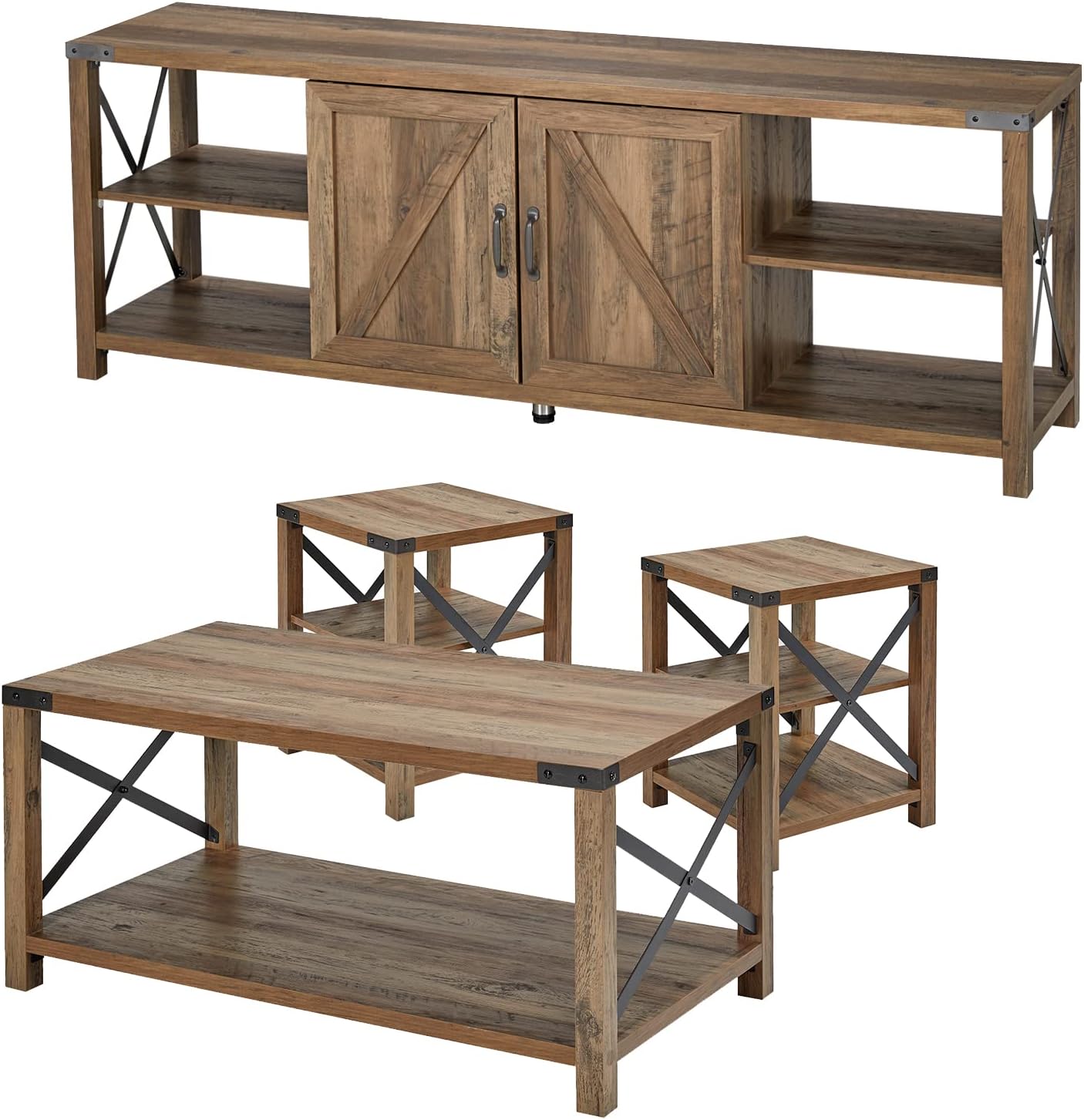 Amerlife 4-Piece Industrial Living Room Table Set - Includes TV Stand, Coffee Table, & Two End Tables - Rustic Oak : Home & Kitchen