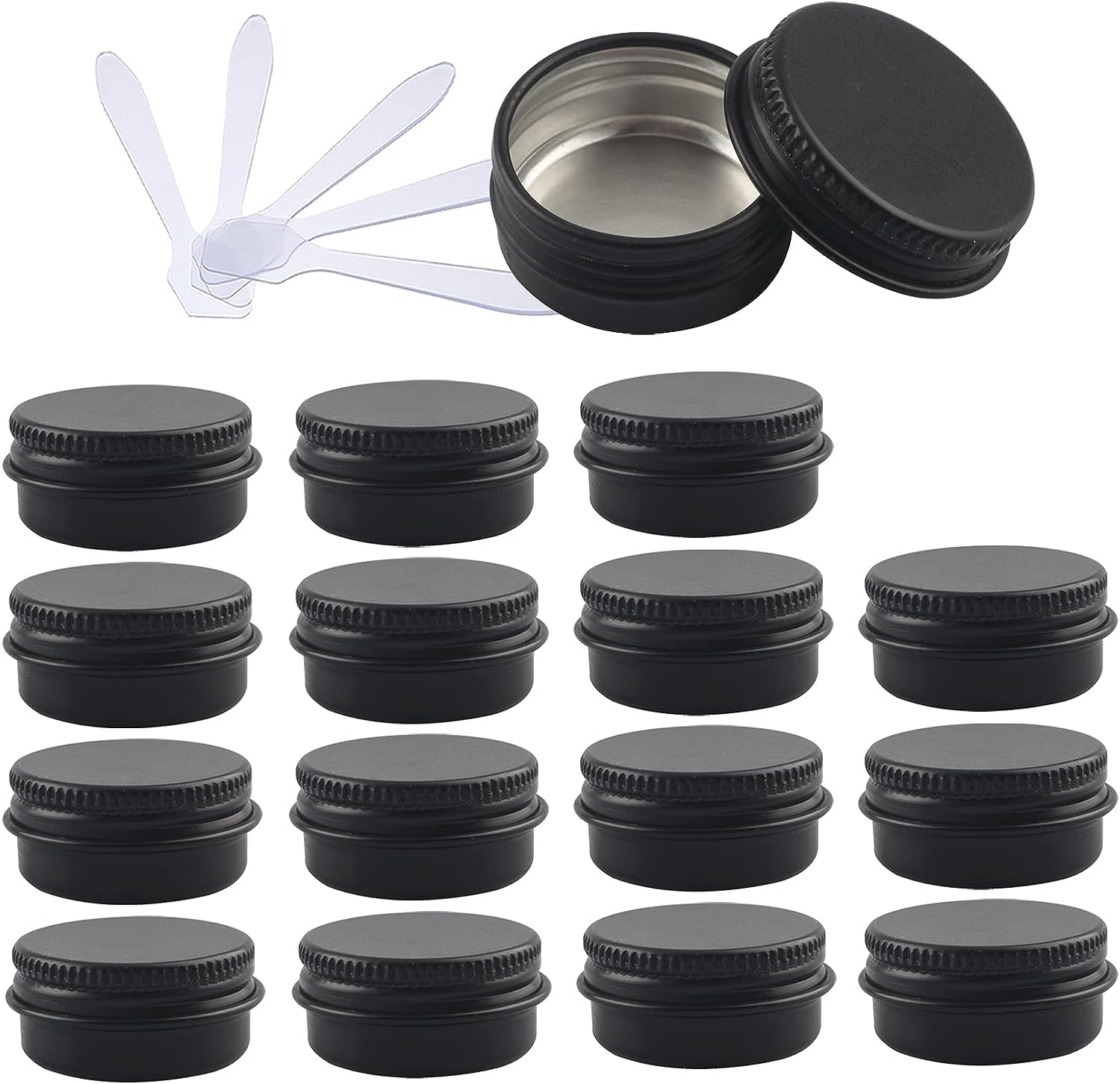 KRXSOBNV Cosmetic Jars, 48 PC Aluminium Tins with Screw Lids Storage Jars Cosmetics Containers Pots with 6 Spatula(Matte Black,10ml)