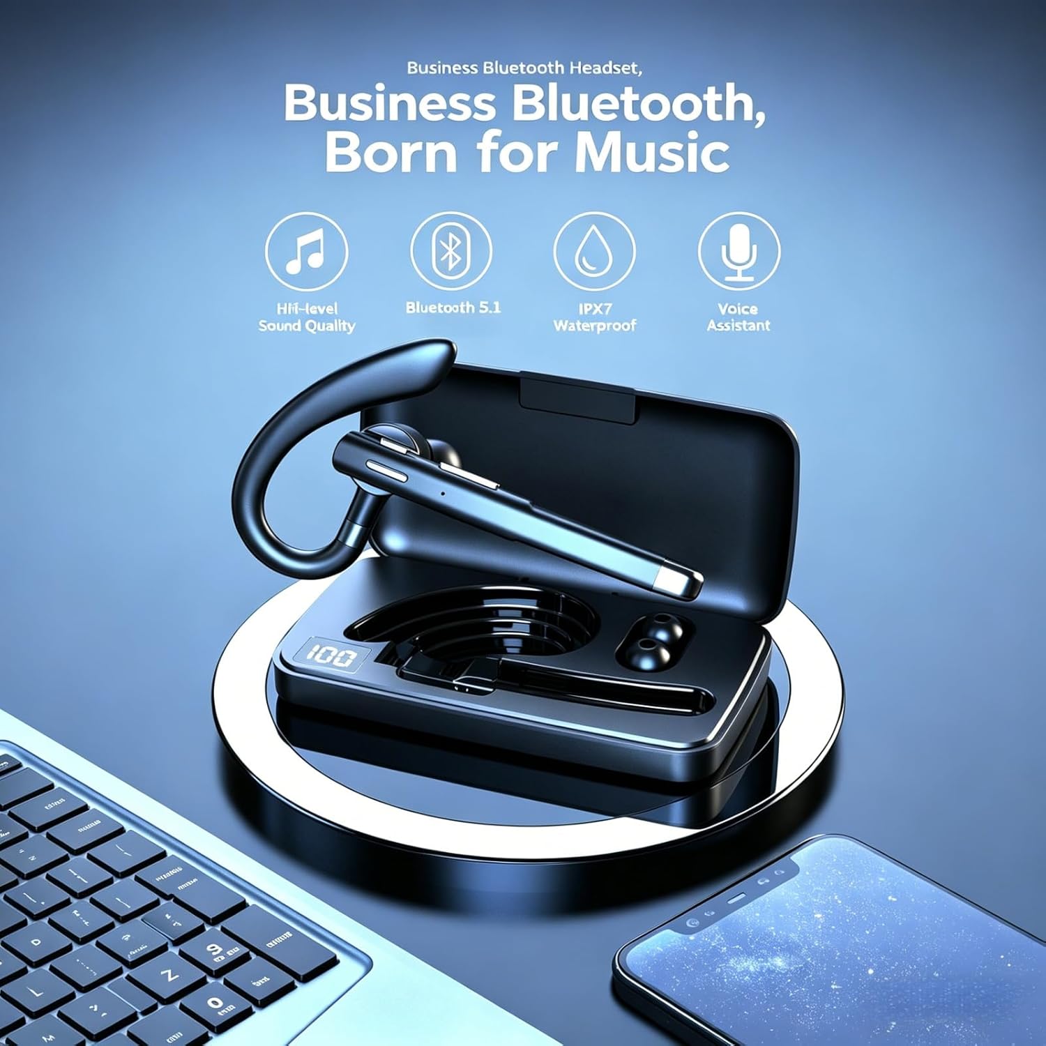 Single Ear Bluetooth Earpiece, 120Hrs Playtime Wireless Headset with CVC8.0 Noise Cancelling Mic, 500mAh Charging Case for Trucker Business Office Home Compatible with Android iOS
