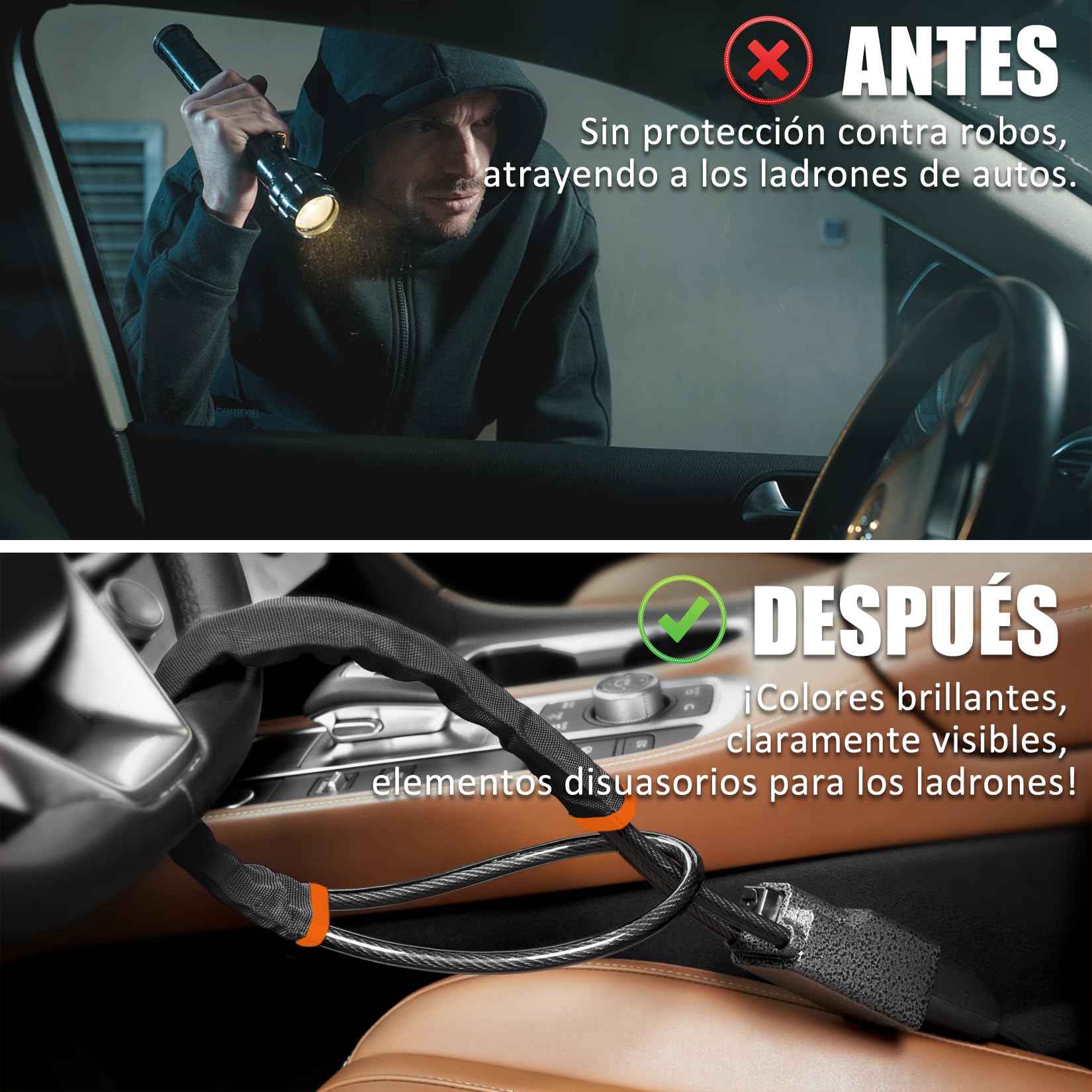 Tevlaphee Antirrobo Coche, Barra Antirrobo Coche, Cabeza Metálica, Cerradura Auto Alta Visibilidad, Robusto, Servicio Pesado, Ajuste Universal, 3 Llaves(Negro)