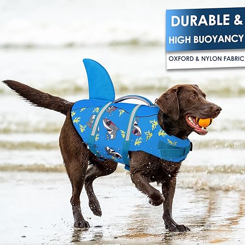 Vista 23 de AOFITEE Chaleco salvavidas para perros, ajustable, de ripstop con asa de rescate para perros pequeños, medianos y grandes, 5 tamaños, s, Salvavidas
