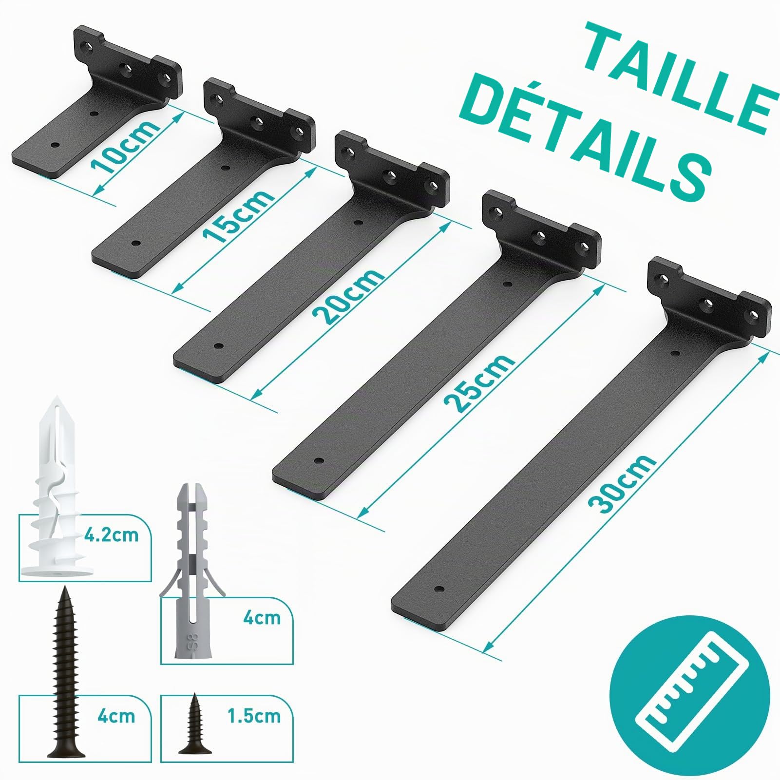 Yeabett Lot de 4 supports d'étagère en métal de 15 cm, avec vis, capacité de charge de 70 kg, noir