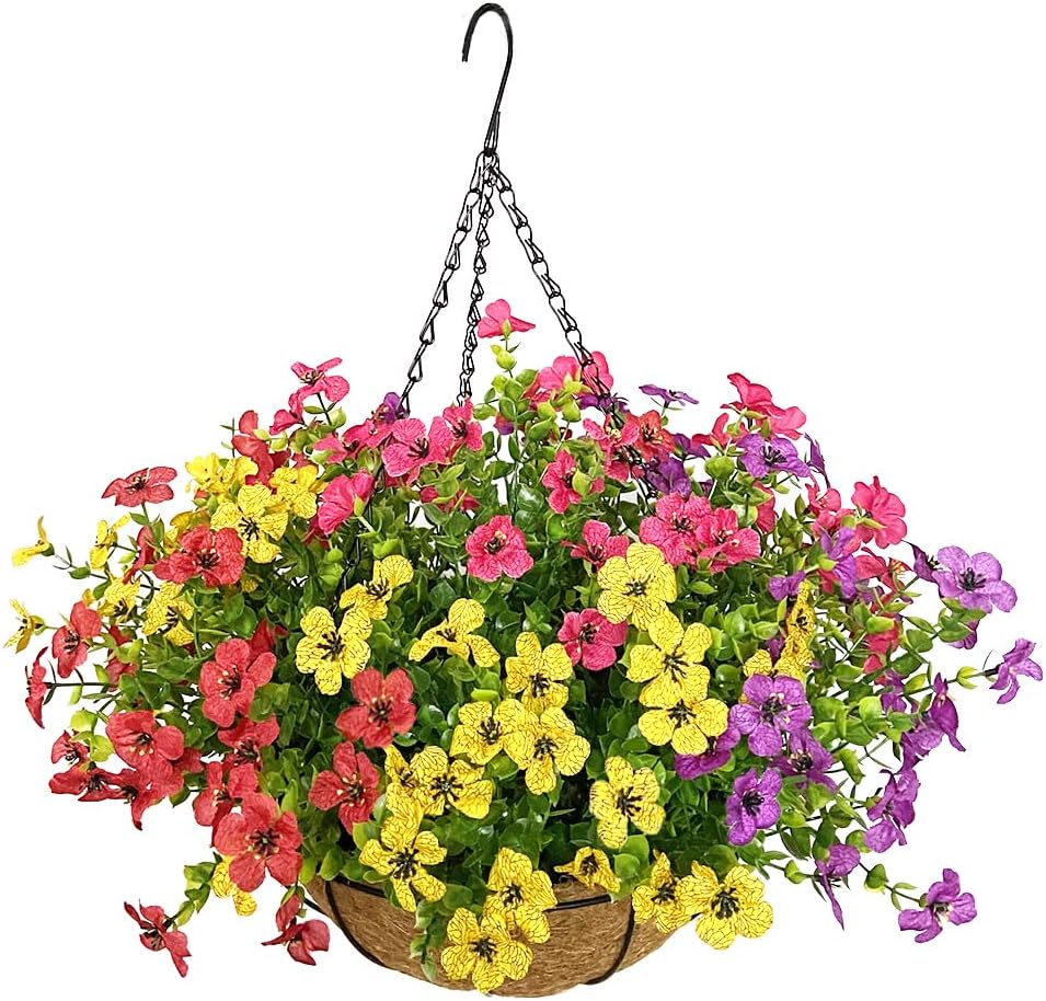 Artificial Flowers in Basket,Artificial Hanging Baskets with Flowers for Outdoors Indoors Courtyard Decor,12 inch Coconut Basket for Garden Porch Deck Decoration (1-Multicolor)