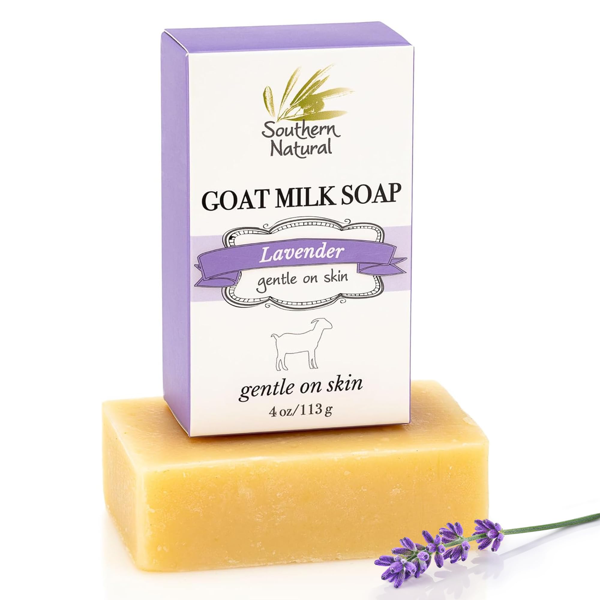 Southern Natural Goat Milk Soap Bar (Lavender 1 Pack) For Dry Sensitive Skin. Natural, Handmade Soap For Men, Women, Kids & Baby. Use On Face & Body