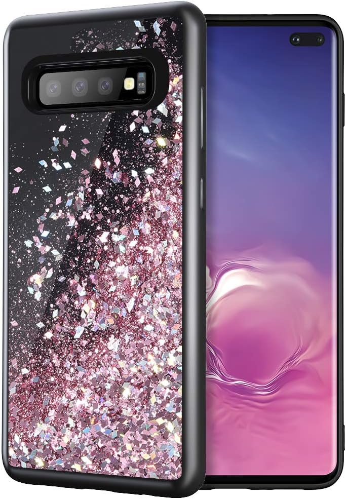 Caka Case for Galaxy S10 Plus, Galaxy S10 Plus Glitter Case for Women Girls Bling Liquid Sparkle Fashion Flowing Glitter Girly Black TPU Phone Case for Samsung Galaxy S10 Plus (Rose Gold)