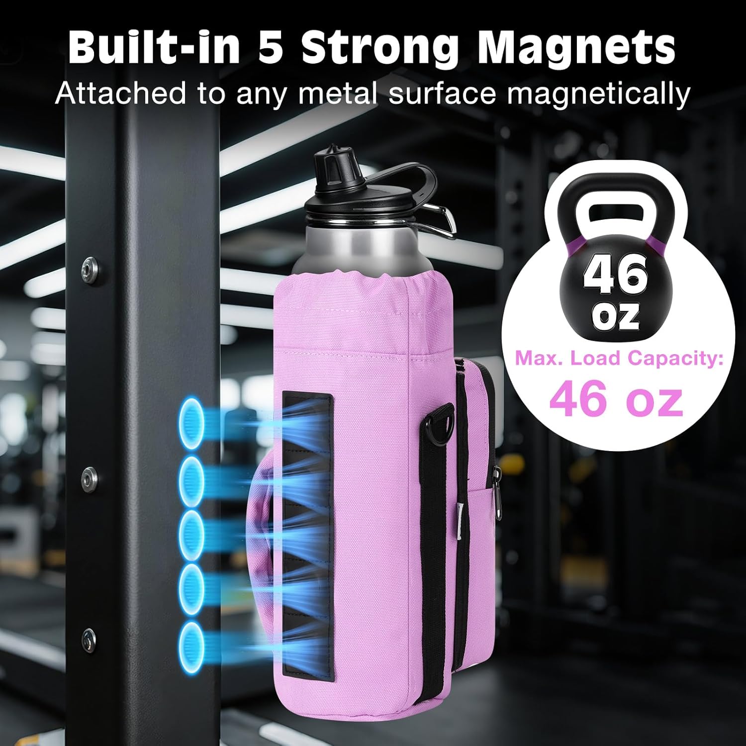 MoKo Magnetic Gym Bag, Magnetic Water Bottle Holder with Clear Phone Pouch, Built-in 4 Magnets Fitness Bag for Men and Women Compatible with Most Water Bottles, Gym Accessories Gifts, Purple - Image 2