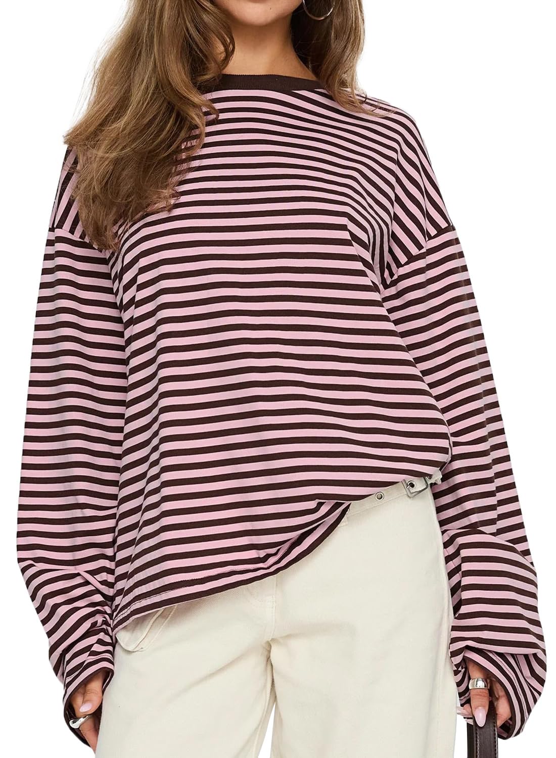 CHYRII Women Oversized Striped Long Sleeve T Shirt Fashion 2026 Crewneck Casual Fall Spring Tops Y2K Clothes Medium Pink+coffee