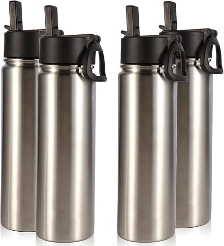 Volhoply Botellas de agua aisladas con popote a granel, paquete de 4, botella deportiva de acero inoxidable de 22 onzas con tapa con asa, tazas de