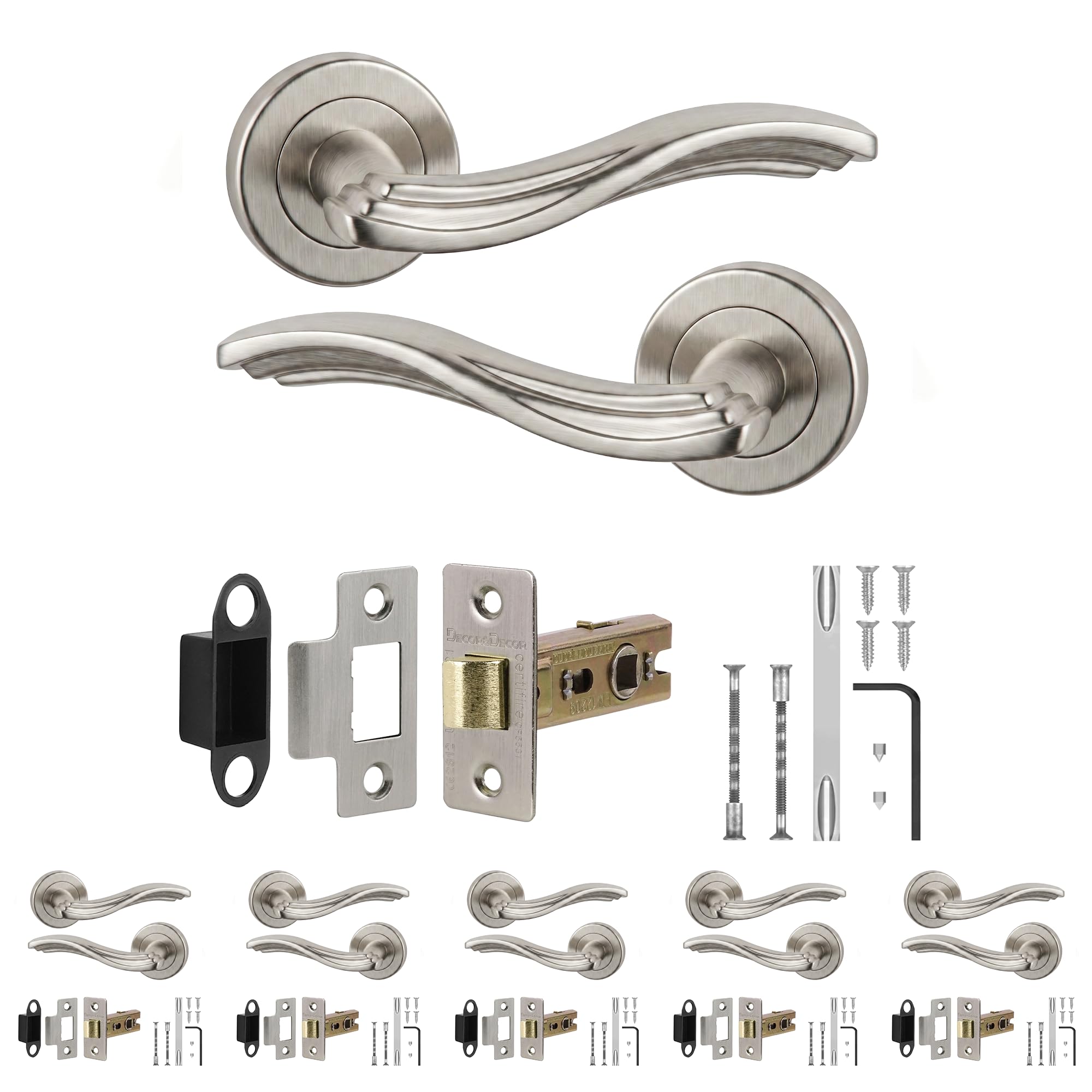 Decoranddecor Solace Satin Nickel Door Handles, Latch Kit 64mm 6 Pack
