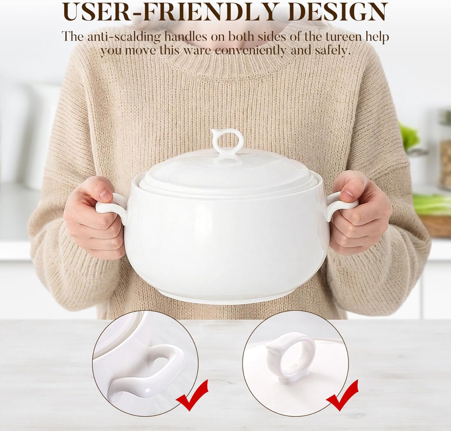 Soup Tureen 3000ml Round Ceramic Serving Bowls with Lids Heat-Resistant Soup Bowls with Handles Microwave Safe for Restaurant Home Kitchen Tureen, Ceramic Bowl with Lid, with Handl