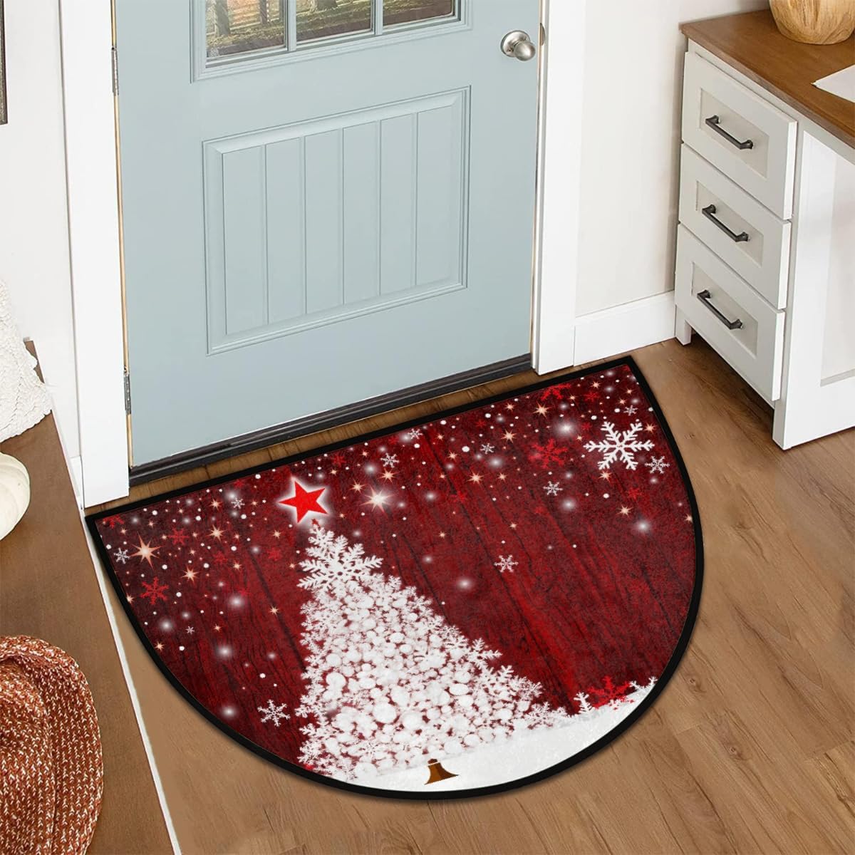 Half Round Door Mat - Indoor Outdoor White Christmas Tree Half Circle Rug for Entryway, Bathroom, Kitchen, Living Room - Washable Non-Slip Half Moon Mat with Boho Floral Vintage - Small Floor Mat