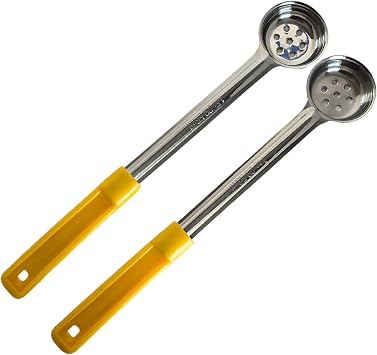 1 oz Slotted Stainless Steel Portion Control Ladle Spoon | Commercial-grade scoop for measuring & portioning sauces, toppings & batter. Solid or slotted, 1-8 oz; packs of 2 or 12.