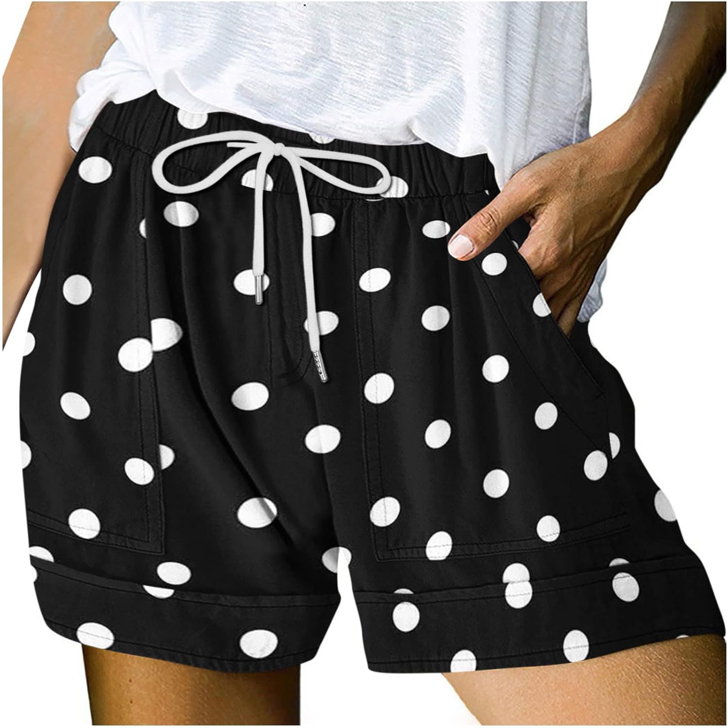 Women's Summer Elastic High Waisted Polka Dot Shorts Casual Drawstring Lightweight Loose Fit Short Pants with Pockets