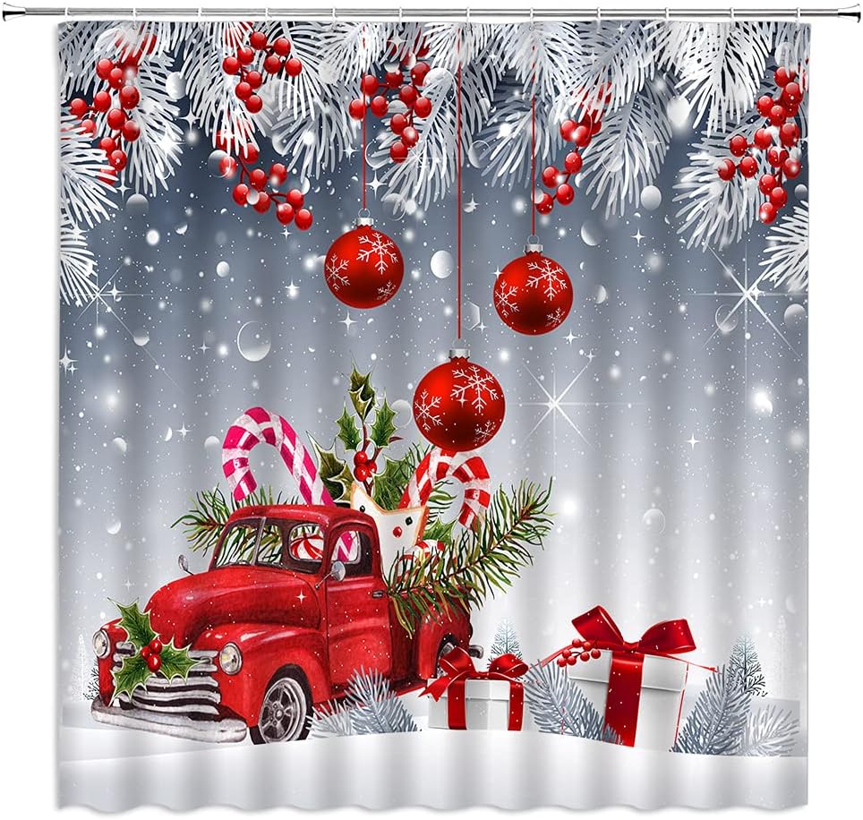 Merry Christmas Shower Curtain Red Christmas Tree Berry Gift Box Winter White Pine Leaves Xmas Holiday Happy New Year Fabric Bathroom Decor Set with Hooks(78" Wx70 H)