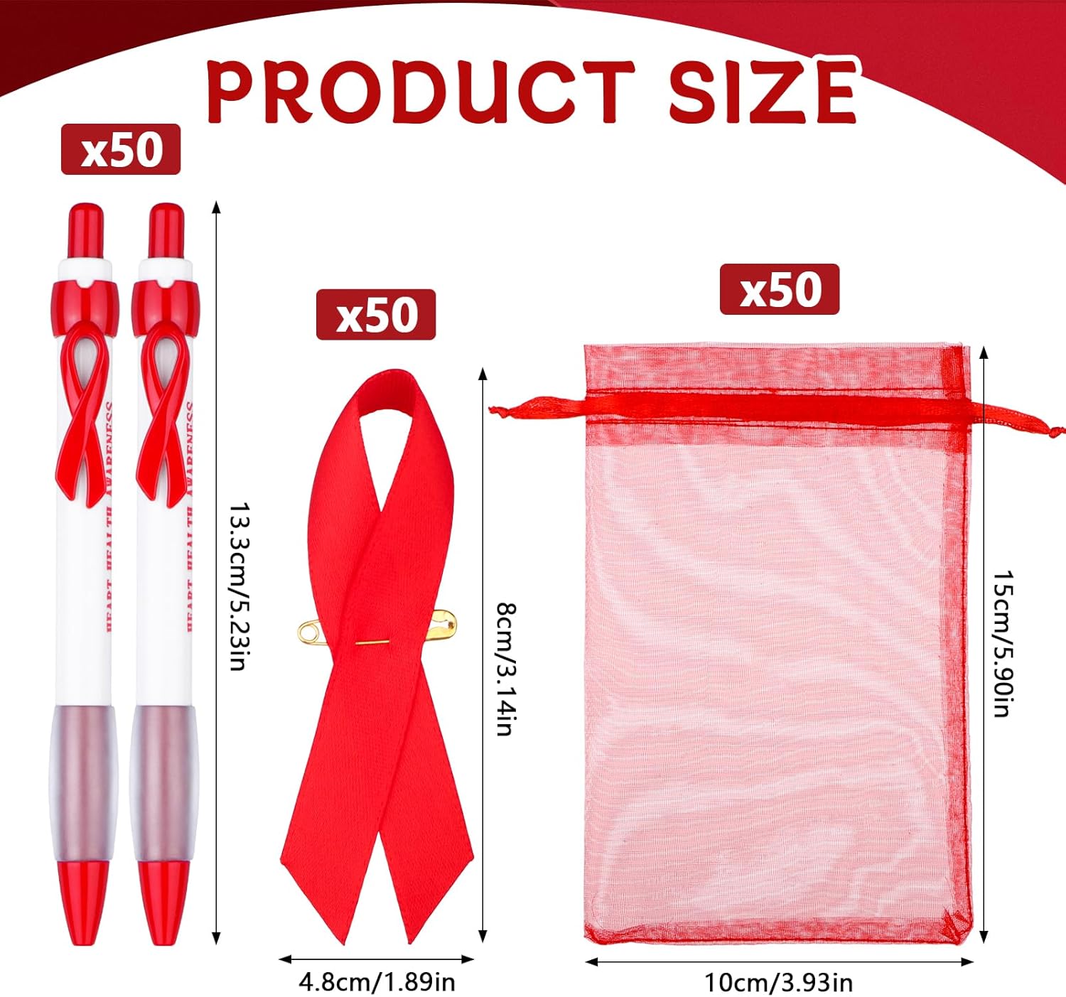 50 Set Heart Health Awareness Gifts Red Ribbon Heart Health Awareness Silicone Keyrings Pins Pens Organza Bag for Men Women Patient Family Charity Public Social Welfare Events