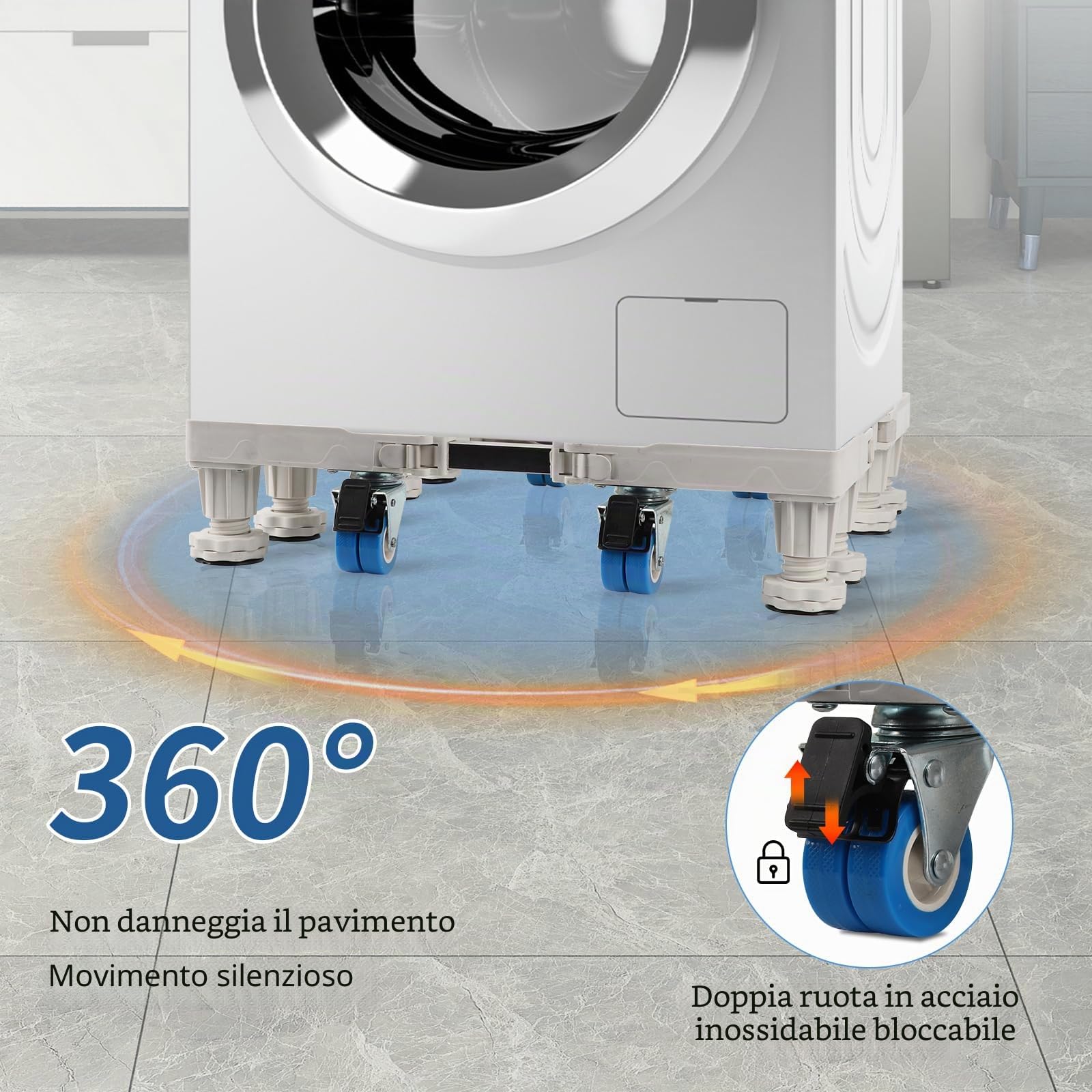 Qivine Carrello Lavatrice con Ruote 8 Piedi e 4 Ruote Base Regolabile per Lavatrice Misura Regolabile 45 a 68 cm Portata 300kg Kit Sovrapposizione Lavatrice Asciugatrice Anche per Frigorifero