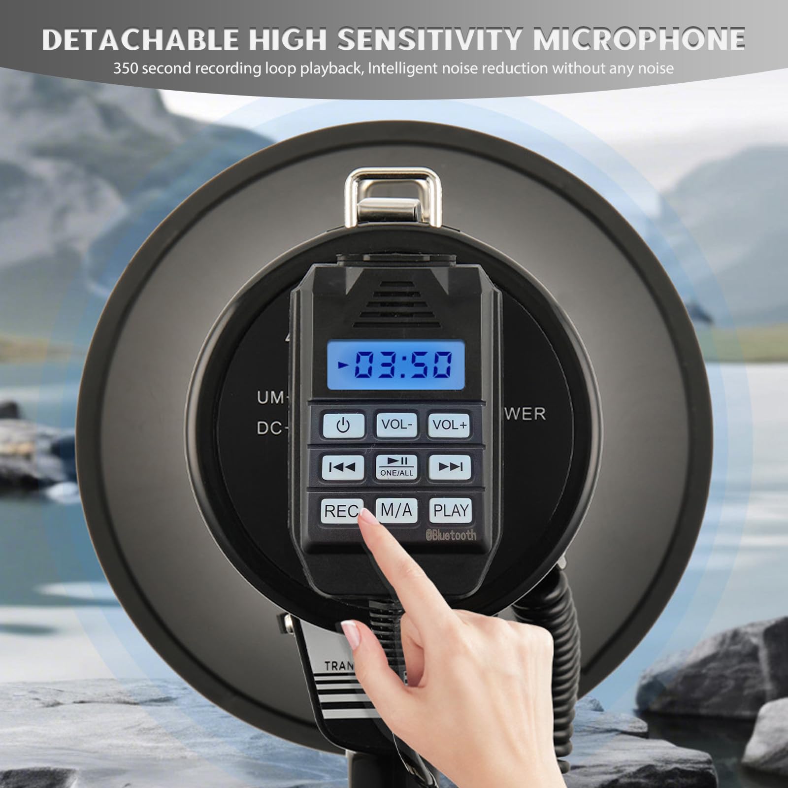 Mégaphone Transportable 100W, Portée Maximale 2000m, Fonctions Enregistrement et Bluetooth, Megaphone Porte Voix avec Bandoulière Réglable