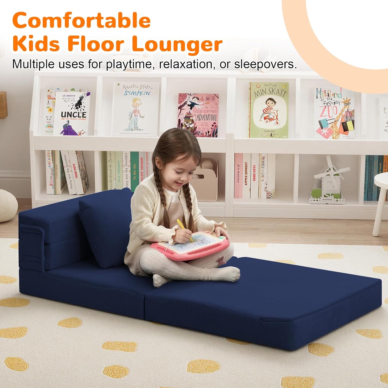 MeMoreCool Foldable Futon Chair Bed for Kids, Toddler Sofa Mattress, Convertible Foam Floor Couch, Tri-fold Sleeping Mattress (Navy)