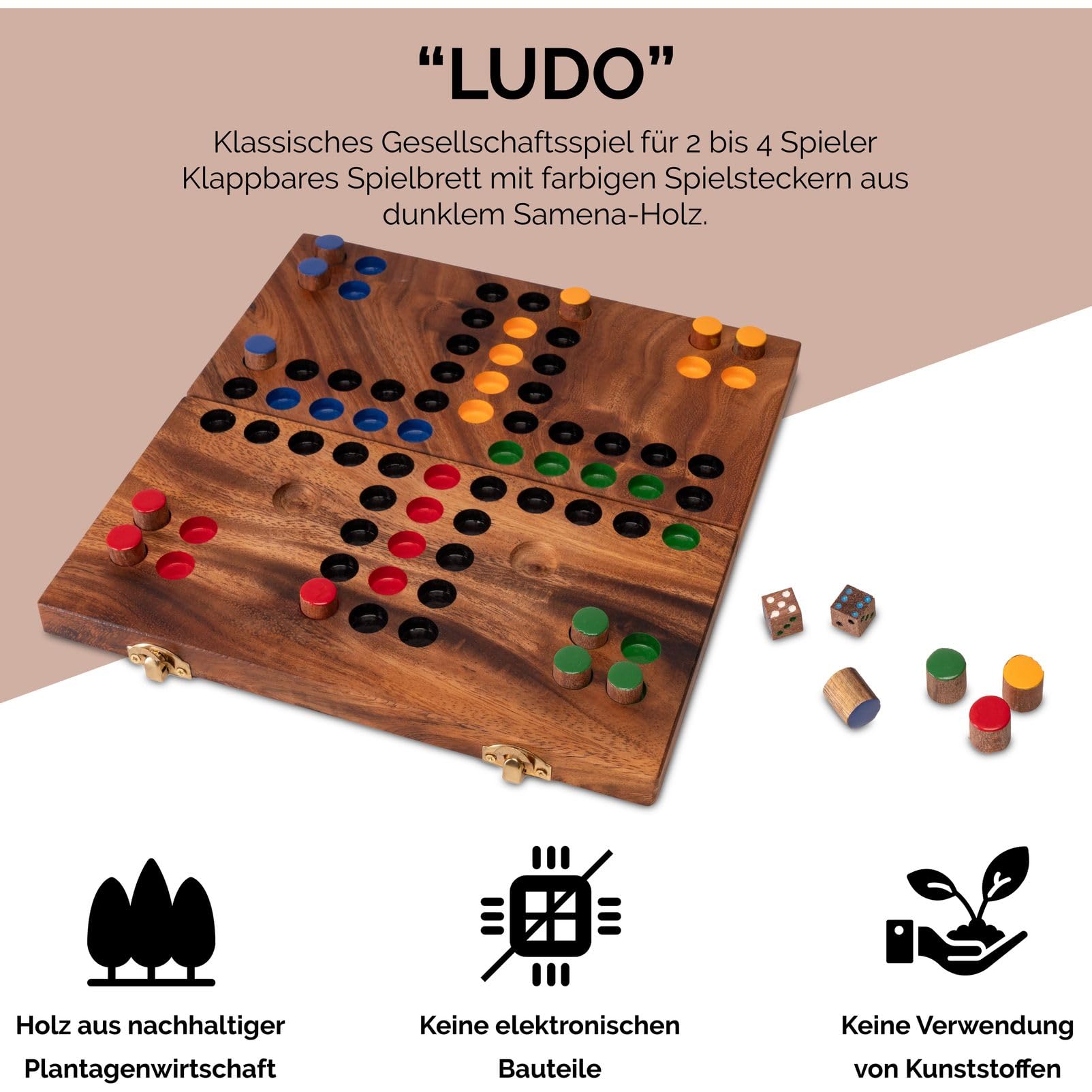 LOGOPLAY Ludo L składana drewniana ze złotym metalowym zamknięciem – klasyczna gra w kości dla 2-4 graczy | wysokiej jakości gra towarzyska i podróżna dla dzieci i dorosłych
