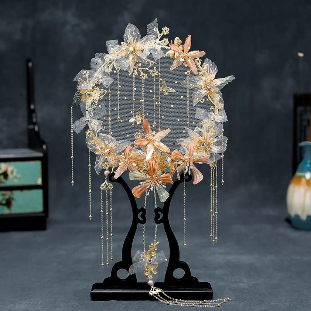 Gold Bridal Fan Classic Chinese Bride Holding Flowers Sheer Tulle Beaded Tassel Wedding Bouquets