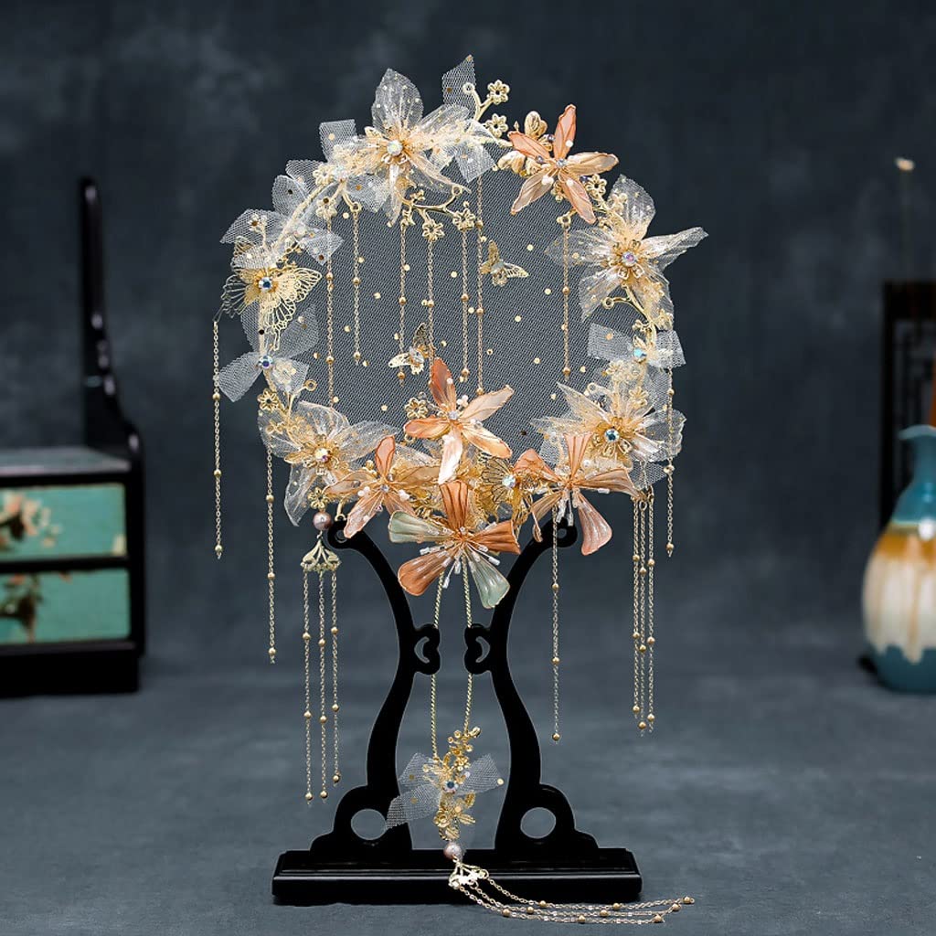 Gold Bridal Fan Classic Chinese Style Bride Holding Flowers Sheer Tulle Beaded Tassel Wedding Bouquets