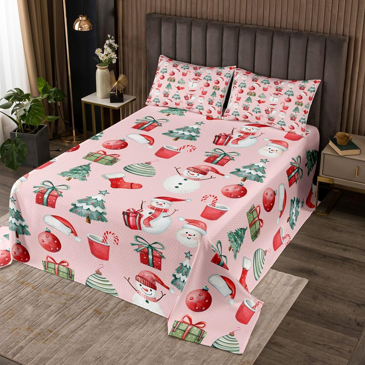 Feelyou Christmas Bedspread Quilts Snowman & Tree Coverlet Set King Size for Kids Boys Girls Pink Quilted Coverlet for All Season with 2 Pillowcases Microfiber