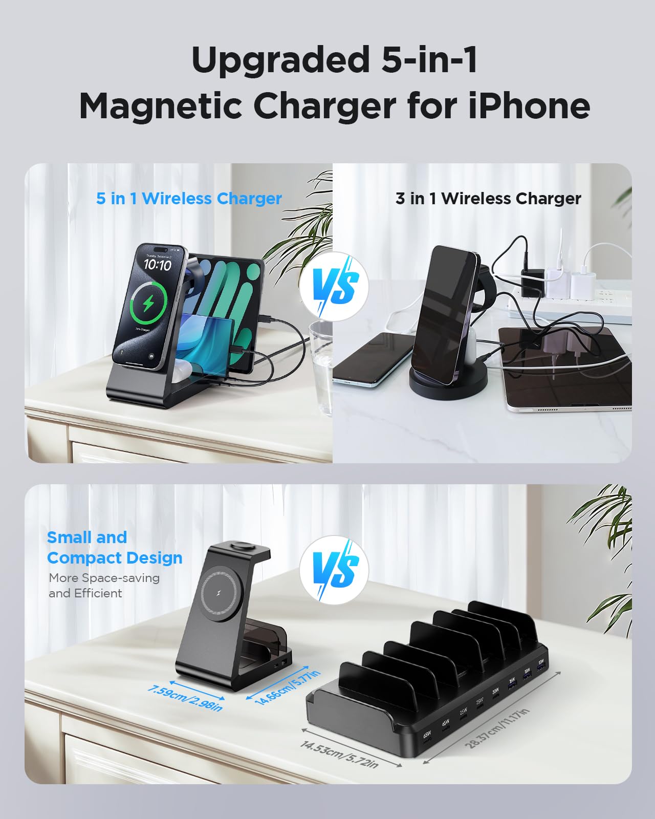 Stazione di ricarica per iPhone, dock di ricarica wireless 5 in 1 per Apple - Stazione di ricarica sicura per più dispositivi Apple iPhone 16, 15, 14, 13, 12 Pro Max Plus, Apple Watch iWatch