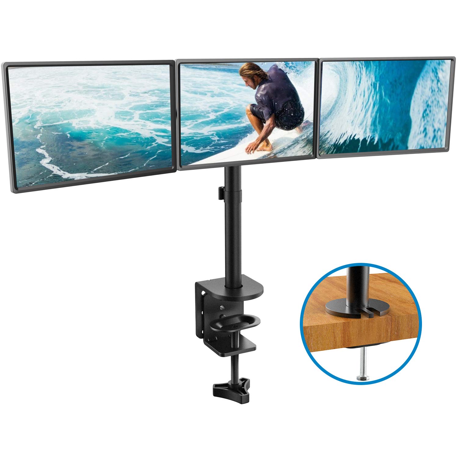 HUANUO Support 3 Ecran PC, Bras pour 3 Moniteurs de 13-24", Triple Ecran, 10KG Chaque, Facile à Installer, Réglable en Hauteur, 2 Options de Montage, VESA 75/100 mm