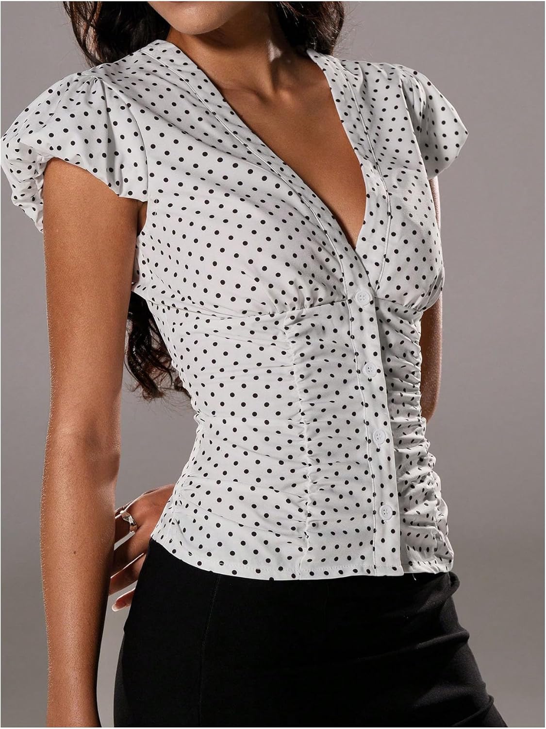 Floerns Women's Polka Dots Puff Sleeve Blouse Top V Neck Retro Button Down Shirts - Image 2