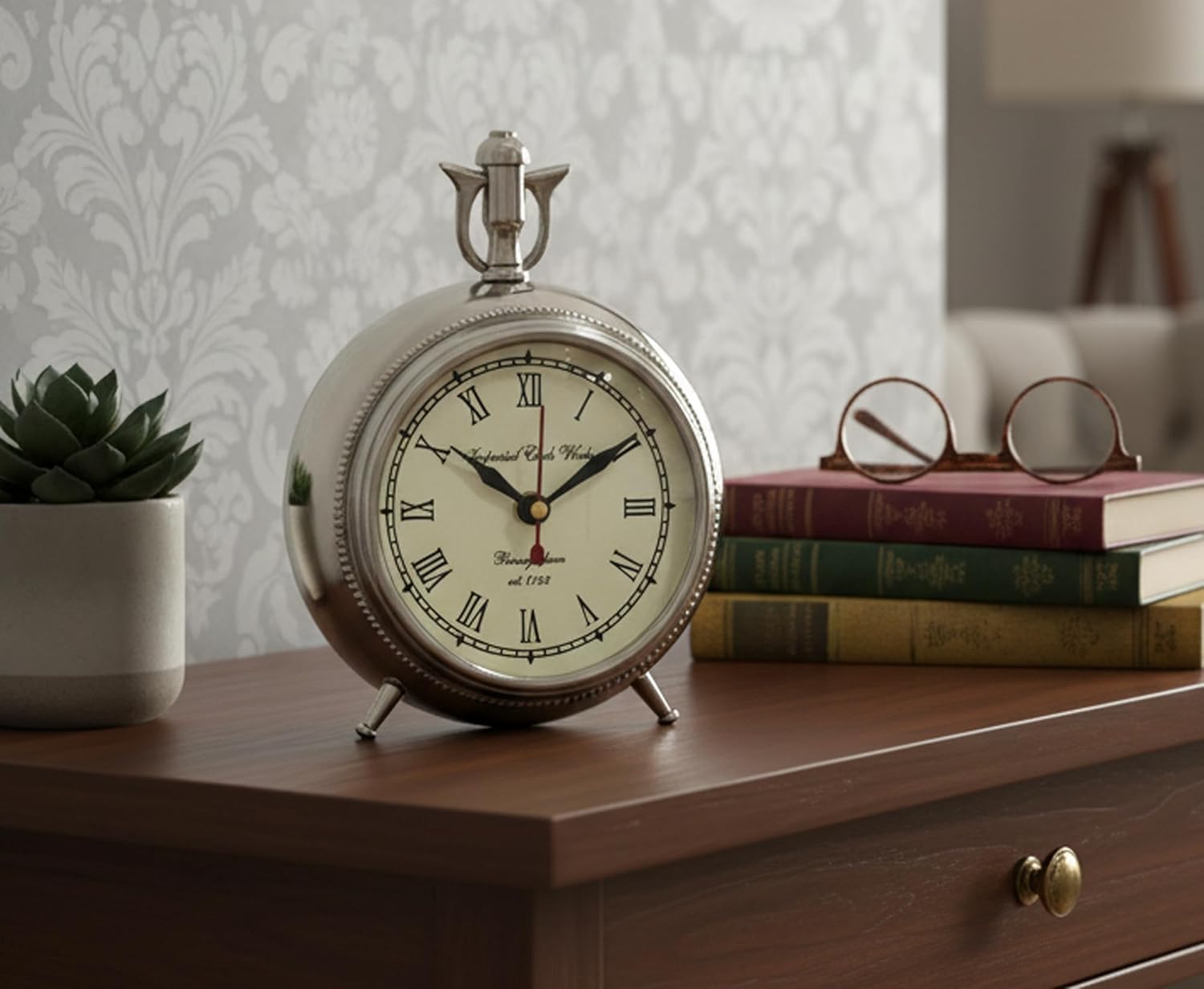 eSplanade European Style Vintage Clock Table Desk Shelf Clock - Metal - Chrome Finish - 7" Inches