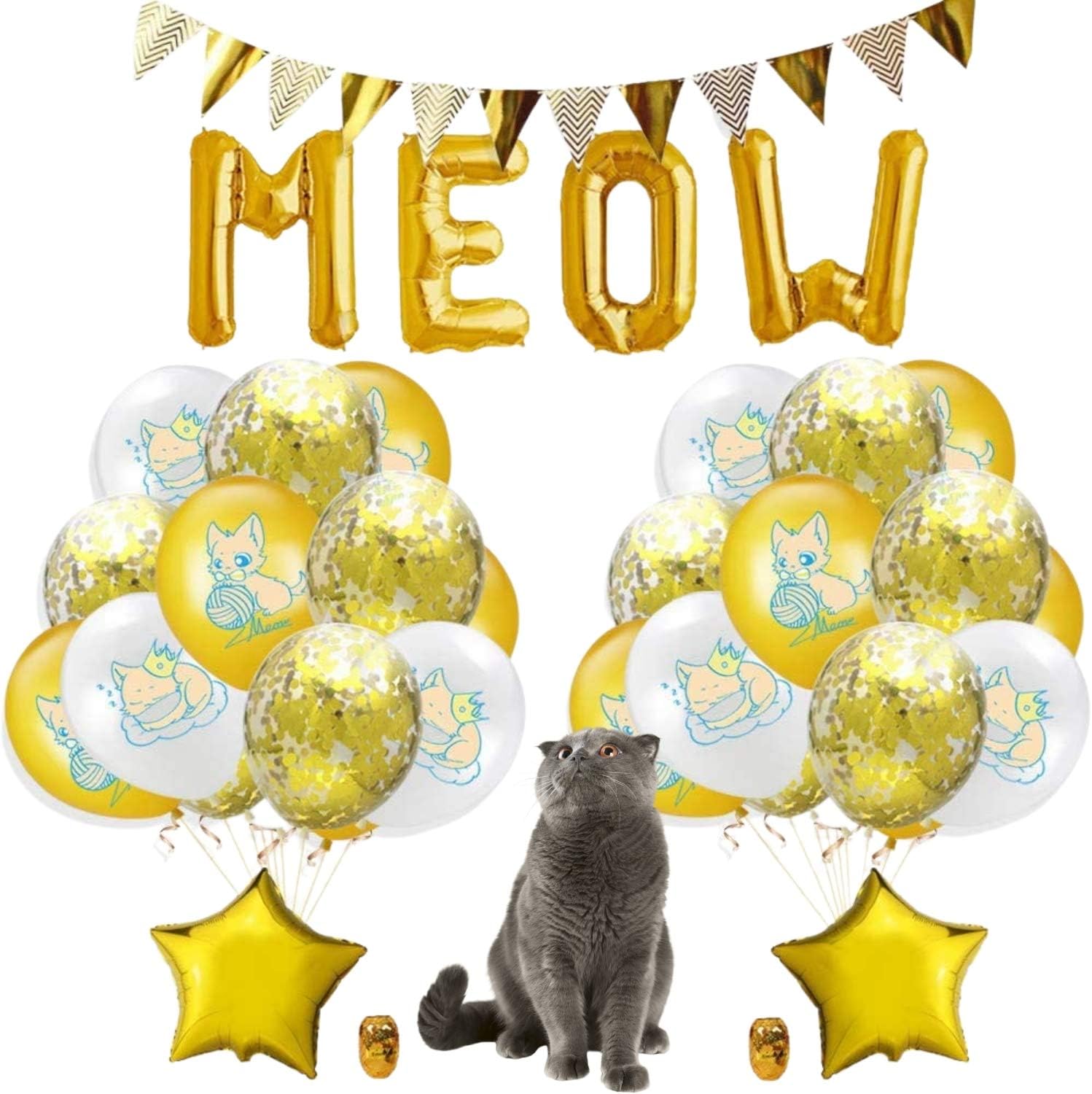 Gold Cat Birthday Party Supplies Dog Birthday Party Supplies WOOF Balloons MEOW Balloons Banner Birthday Banner Coloful Balloons Tassel Garland (MEOW)