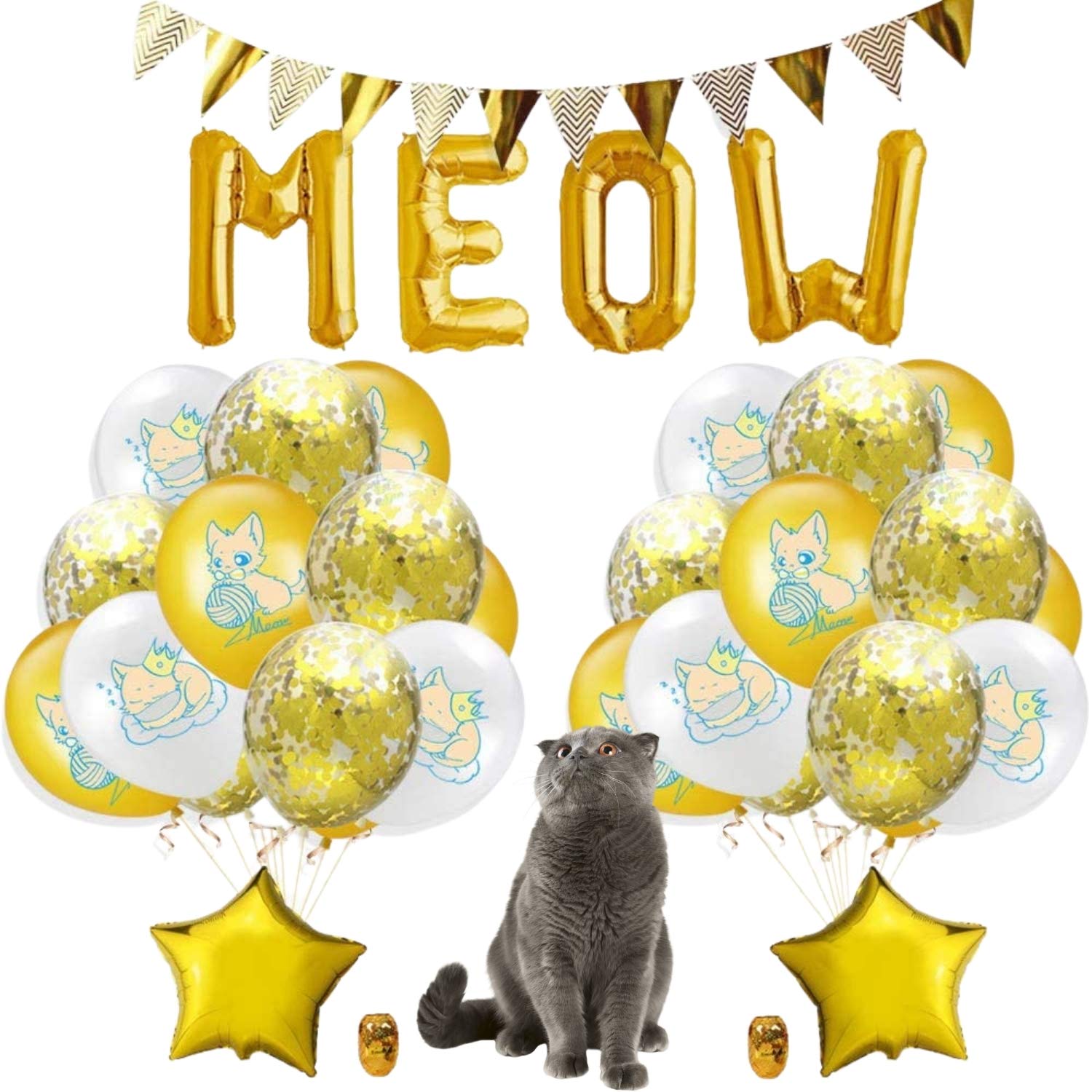 Gold Cat Birthday Party Supplies Dog Birthday Party Supplies WOOF Balloons MEOW Balloons Banner Birthday Banner Coloful Balloons Tassel Garland (MEOW)