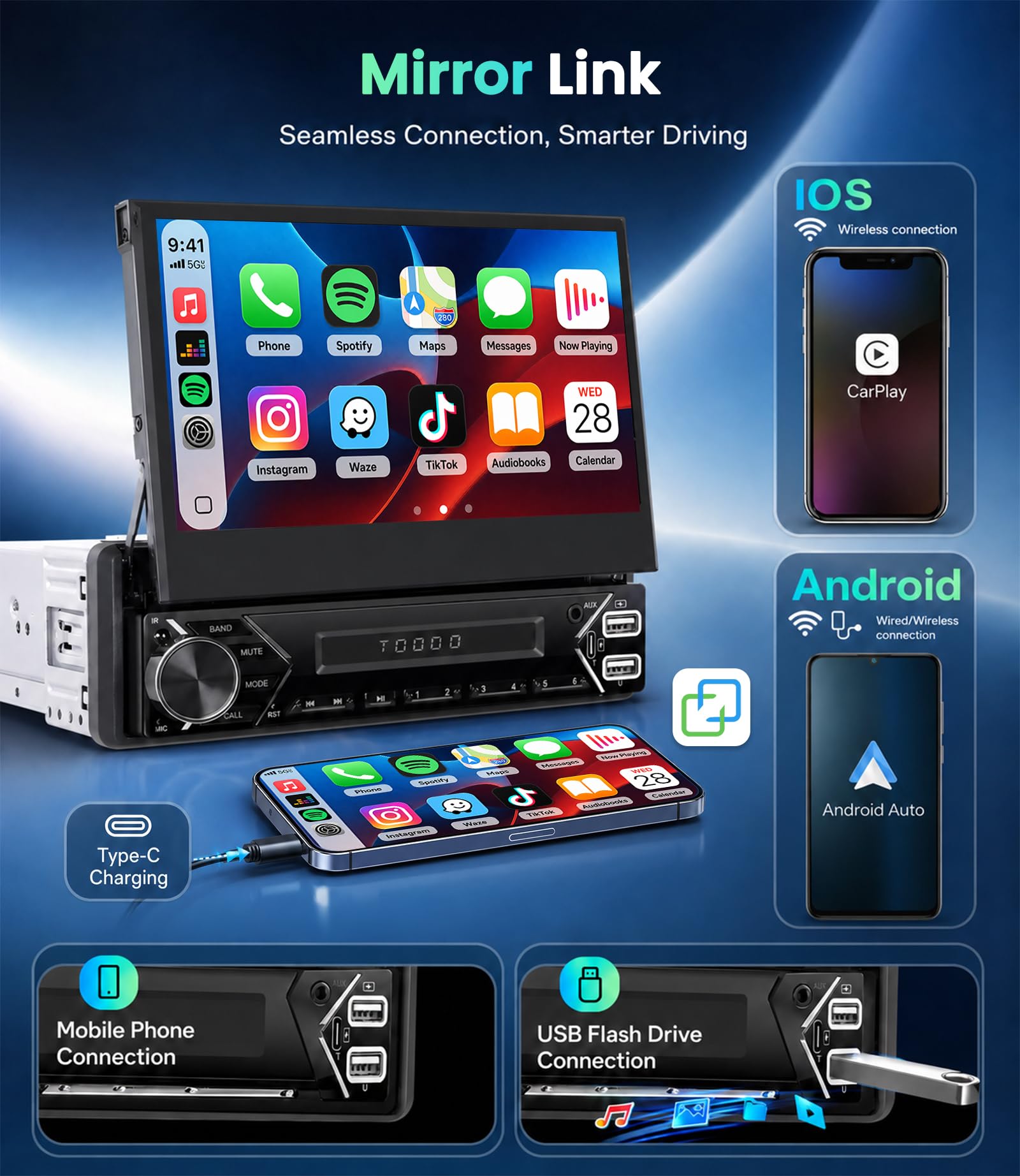 SIXWIN 2+64G Android 13 1 DIN Radio con Pantalla, 7 Pulgadas Radio Coche Pantalla Extraible Manual con Carplay/Android Auto/WiFi/GPS/Bluetooth/Mandos Volantes/FM/RDS/USB/Type-C/Aux