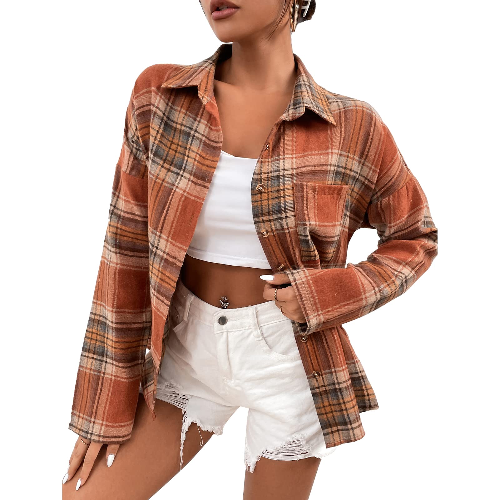 TUORECasual Long Sleeve Blouse, Orange Women Plaid Shirt Comfortable Fashion Drop Shoulder for Home School Office