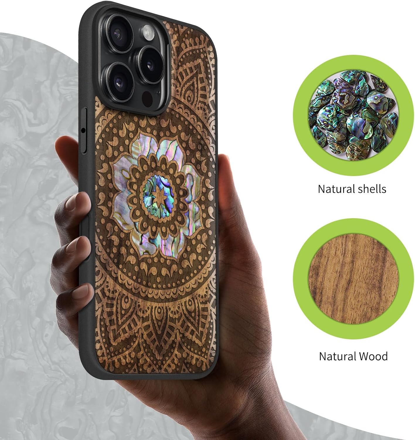 Carveit Magnetic Case for iPhone 16 Pro Max Case, Wood Artisan Engraved & Handmade Shell Inlaid, TPU Shockproof Cover, Compatible with MagSafe Wireless Chargers (Mandala Pattern) Walnut
