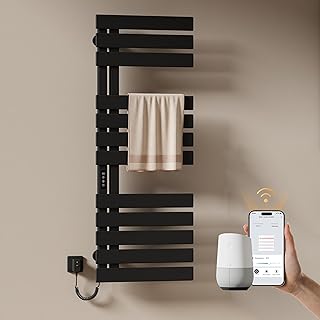 EMKE Handtuchheizkörper Elektrisch 1300 x 500 mm, WiFi Smart Thermostat Elektrischer Badheizkörper Handtuchhalter, Handtuchwärmer Elektrisch für Alexa und Google Home und APP Schwarz 440W (Left)