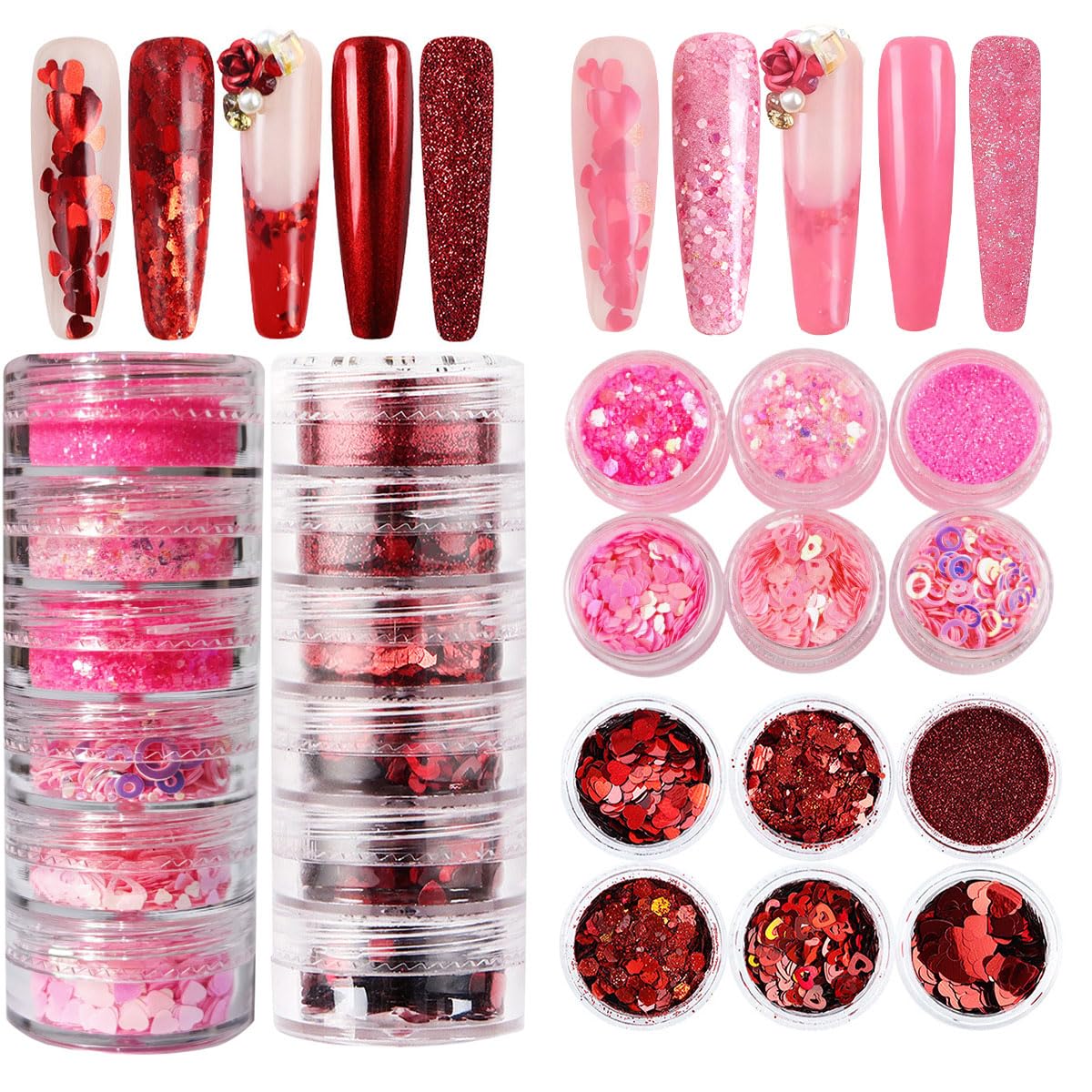 12 Grids Valentine's Day Nail Sequins Red Pink Nail Art Sequins Heart Glitter Powder Glitter Flakes Nail Art Decoration Supplies for Women DIY Manicure