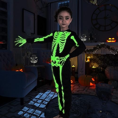Miniatura 2 de Partisky Disfraz de esqueleto para niños pequeños, disfraz de esqueleto que brilla en la oscuridad para niños y niñas con guantes