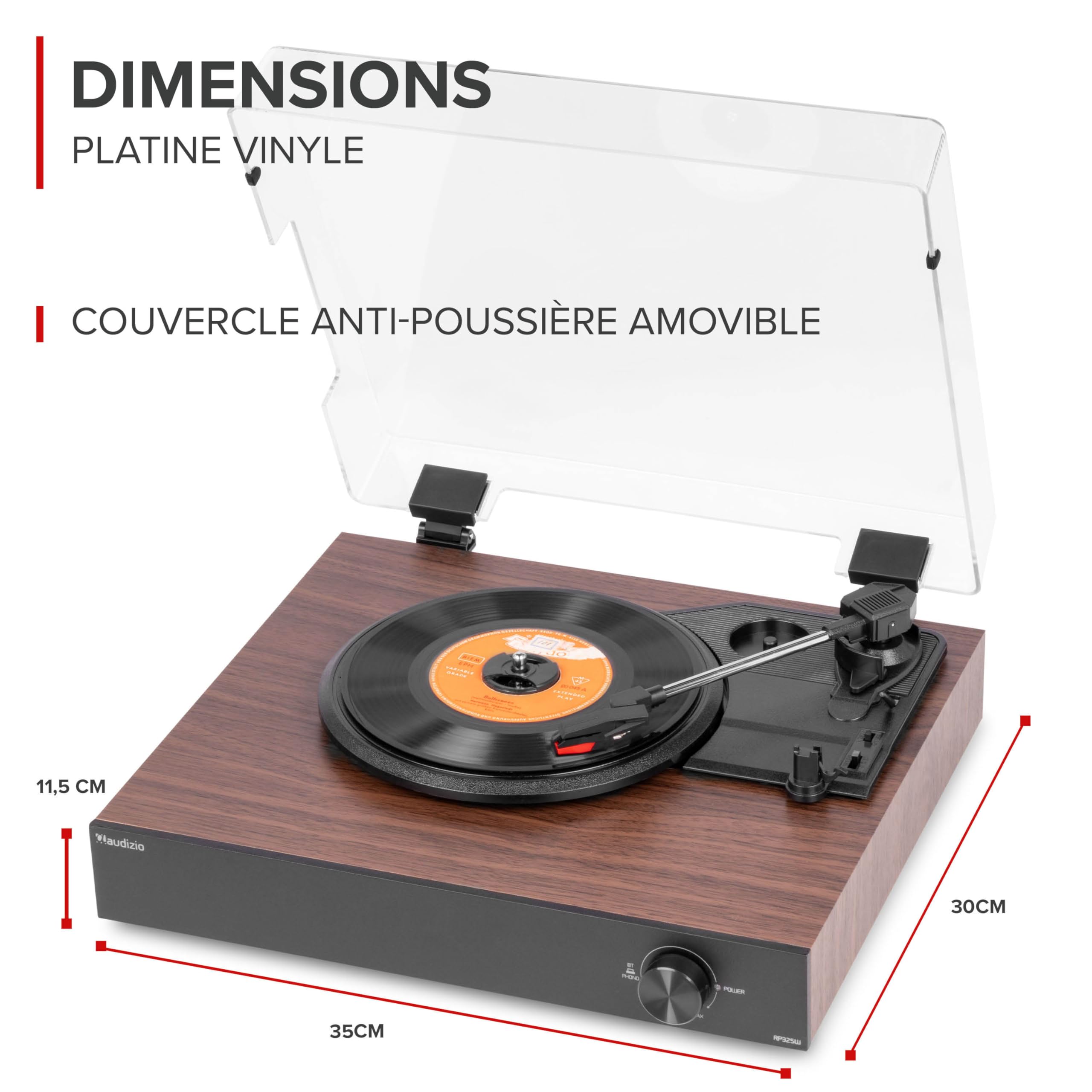 Audizio RP325W - Platine Vinyle Rétro Noyer Noir avec Enceintes Intégrées (60W), BT sans Fil Bidirectionnel, 33/45/78 Tours, Capot Amovible, Lecteur Vinyle Tout-en-Un