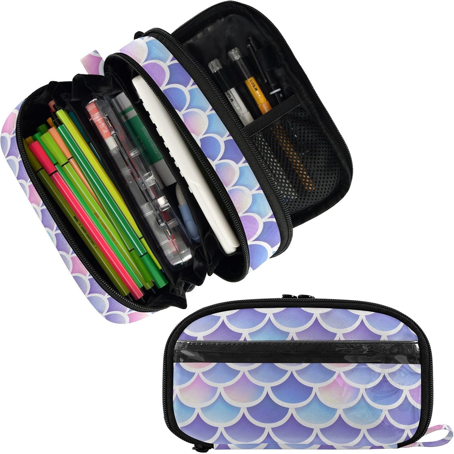ALAZA Pastel Fish Scales Pattern Large Capacity Pencil Case, Aesthetic Stationery Organizer Bag with Clear PVC Window, High Capacity Pen Pouch with Dividers for School Office Travel image 2