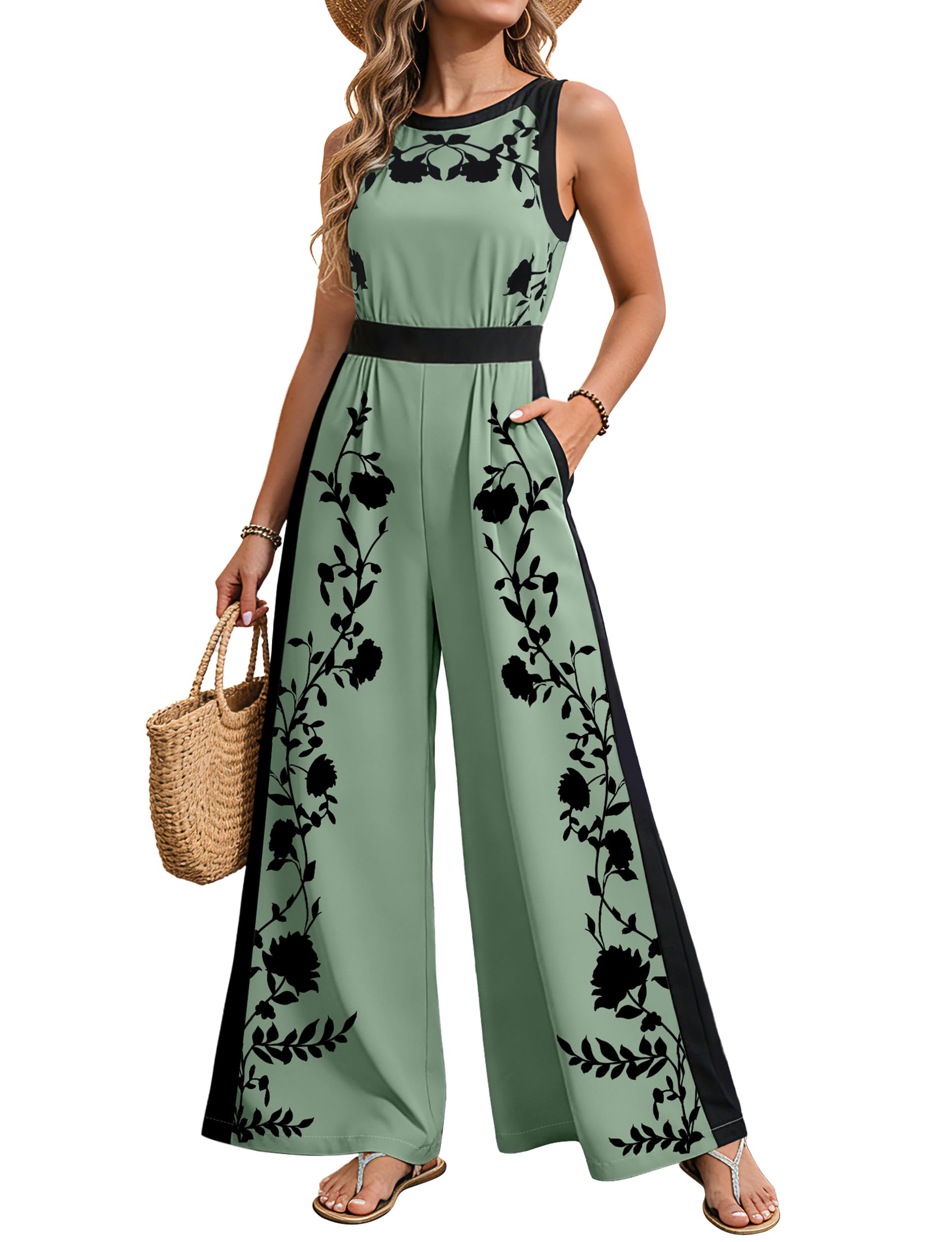 Women Jumpsuits Dressy Summer Round Neck Casual Sleeveless One Piece Outfit Floral Wide Leg Long Pant Romper Pockets-image-32